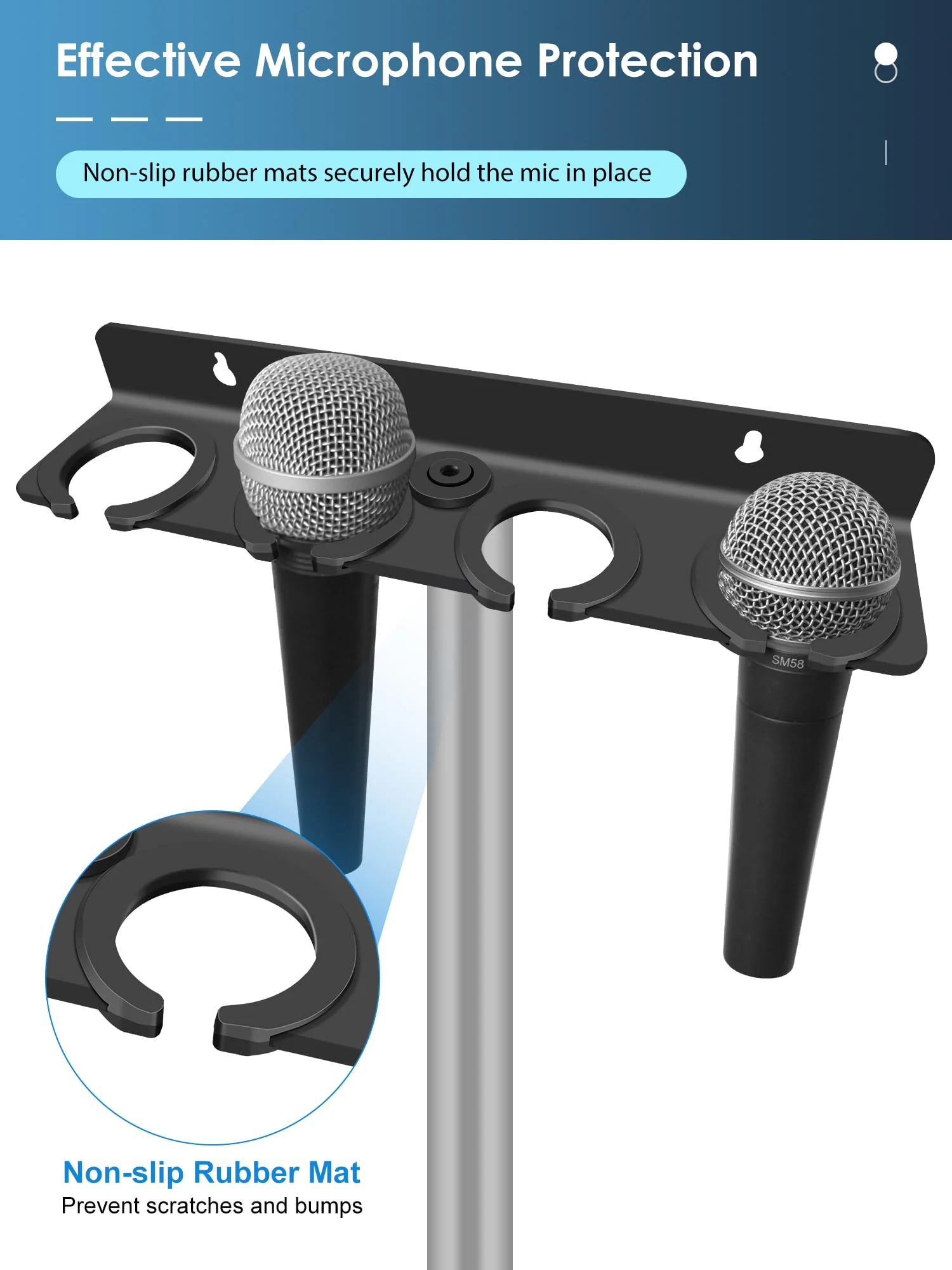 Multi Microphone Holder (Aluminum) for Handheld Dynamic, Wired and Wireless Mics, Multiple Mic Organizer for Mic Stand, Rubber Padding/Wall Mounted or Mounted to 5/8"-27 or 3/8"-16 Threaded Stands Up to 4 Mics - Image 4