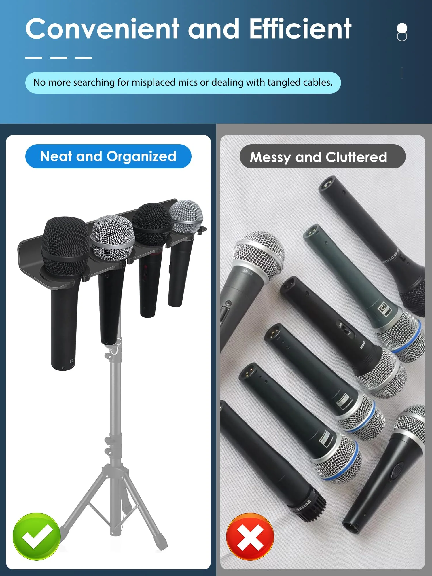Multi Microphone Holder (Aluminum) for Handheld Dynamic, Wired and Wireless Mics, Multiple Mic Organizer for Mic Stand, Rubber Padding/Wall Mounted or Mounted to 5/8"-27 or 3/8"-16 Threaded Stands Up to 4 Mics - Image 5