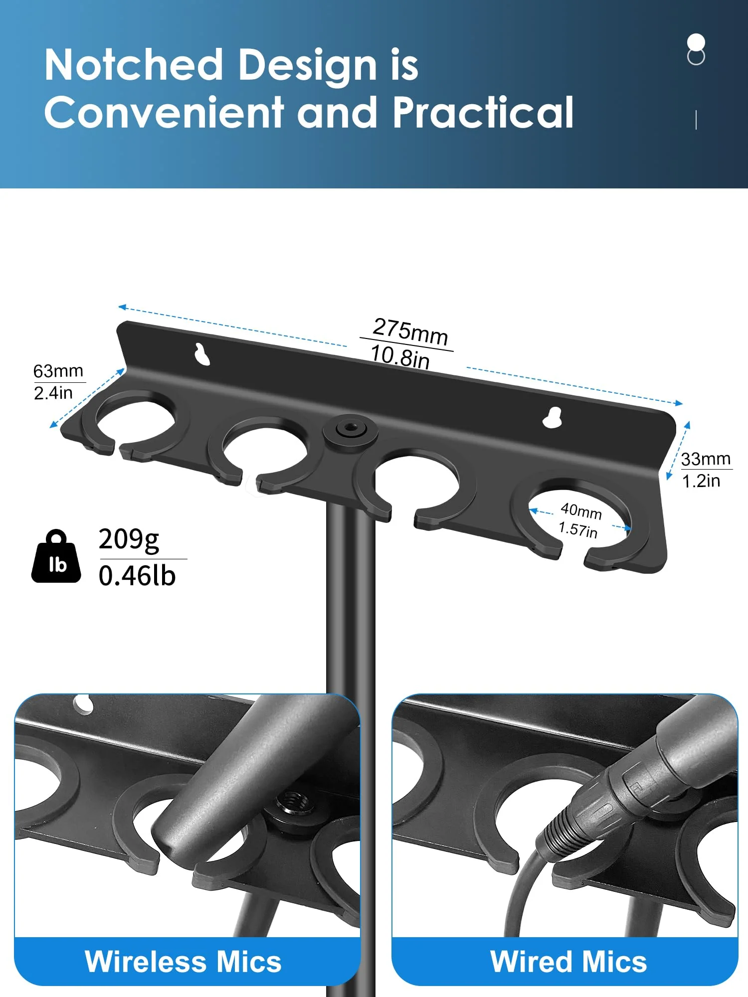 Multi Microphone Holder (Aluminum) for Handheld Dynamic, Wired and Wireless Mics, Multiple Mic Organizer for Mic Stand, Rubber Padding/Wall Mounted or Mounted to 5/8"-27 or 3/8"-16 Threaded Stands Up to 4 Mics - Image 6