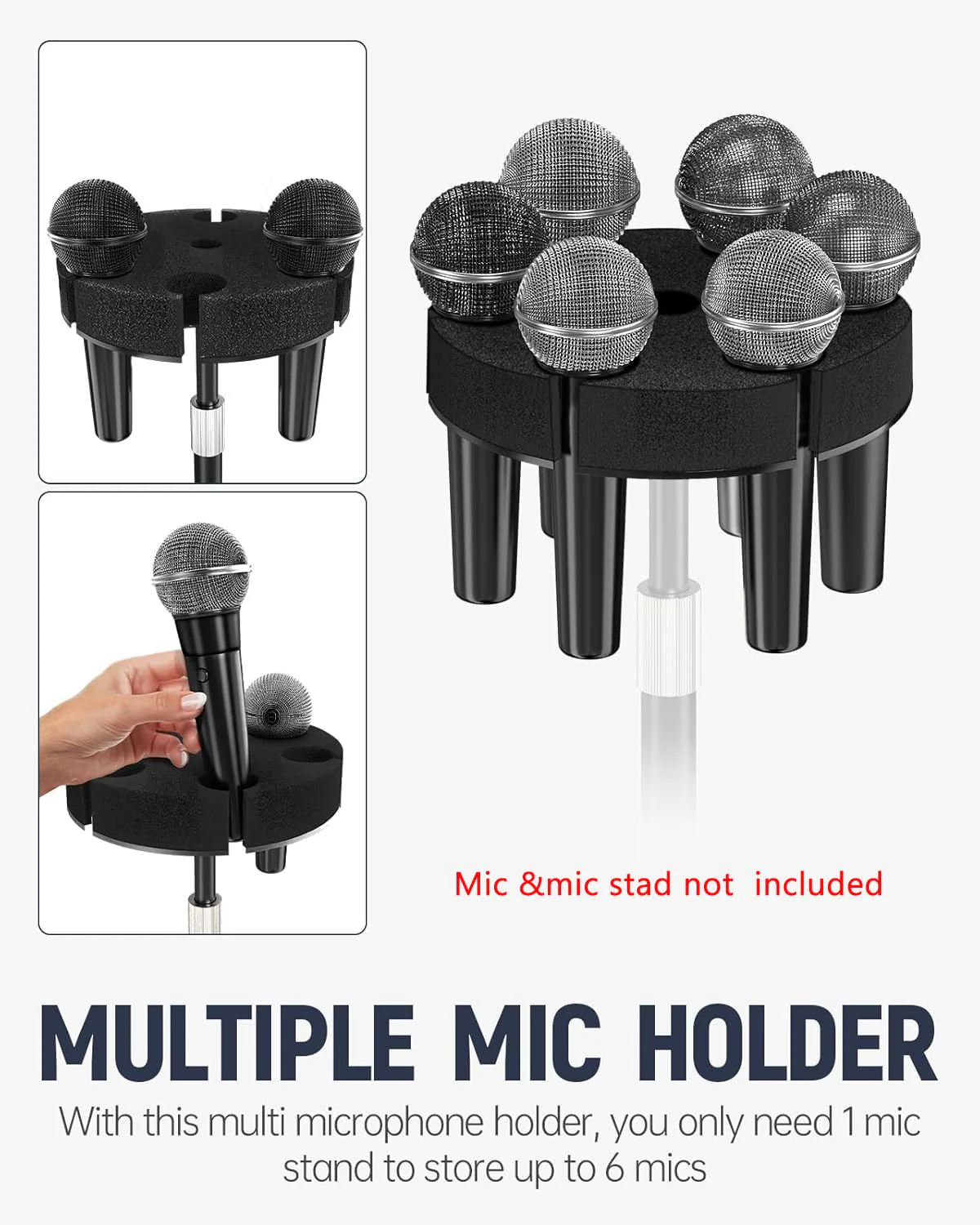 Multi Microphone HolderăAluminum/UpgradedăMulti Mic Holder Up to 6 Mics, Wired and Wireless mic Holder for Stand, Multiple Microphone Holder for storage Organizer & Display, w/ 3/8"-16 Threaded - Image 2