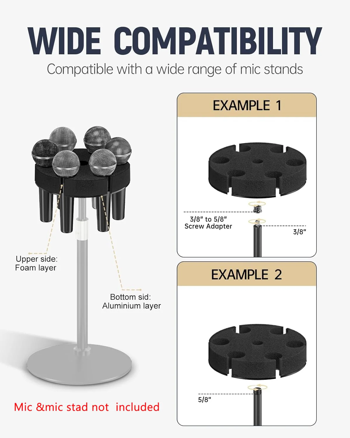 Multi Microphone HolderăAluminum/UpgradedăMulti Mic Holder Up to 6 Mics, Wired and Wireless mic Holder for Stand, Multiple Microphone Holder for storage Organizer & Display, w/ 3/8"-16 Threaded - Image 4