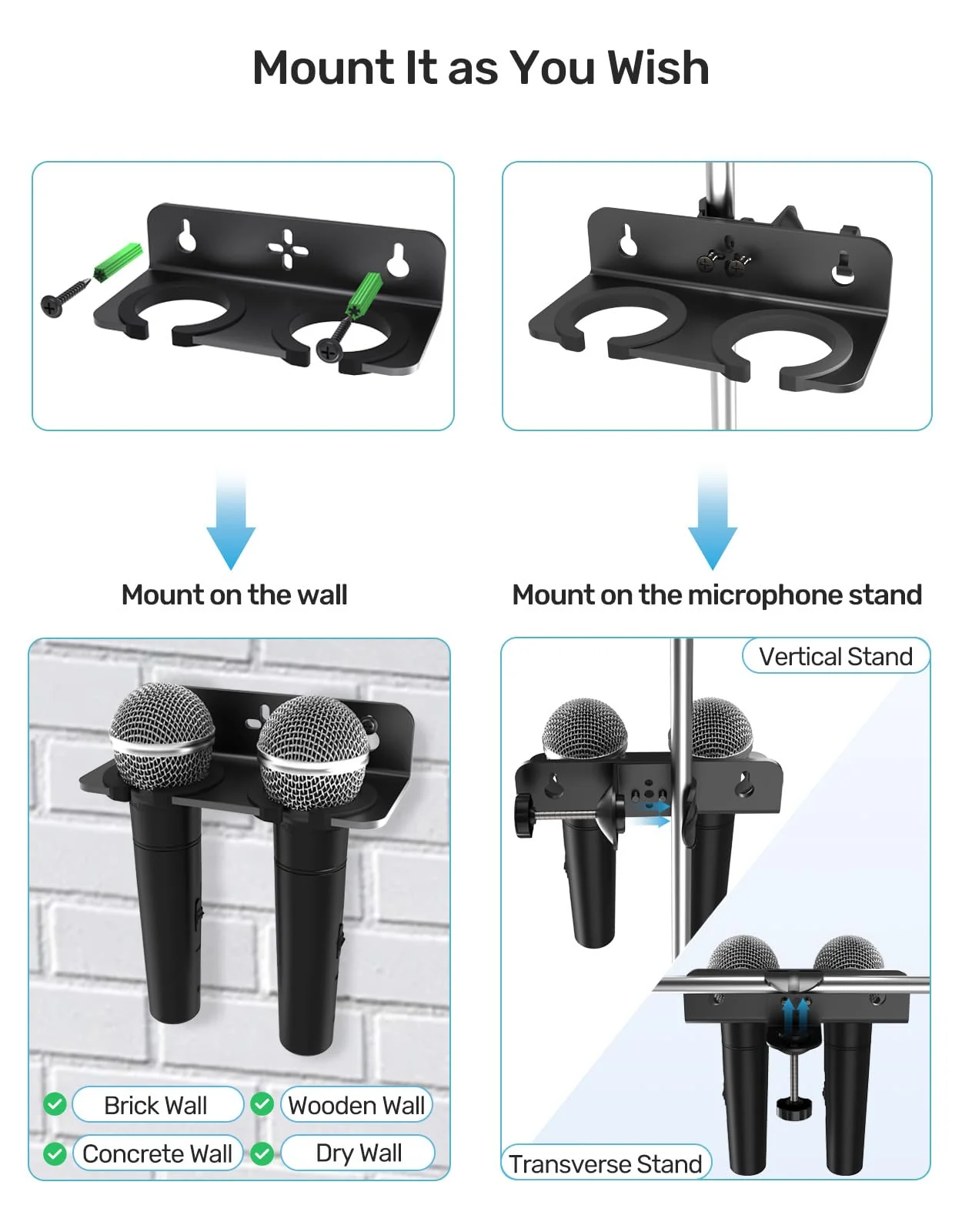 Multi Microphone Holder with Clamp (Aluminum/Rubber), Mount on Mic Stand & Desk Edge & Wall, Hold Up to 2 Wired/Wireless Handheld Mics, Ideal for Church, Street Performance, Home Studio, Karaoke - Image 2