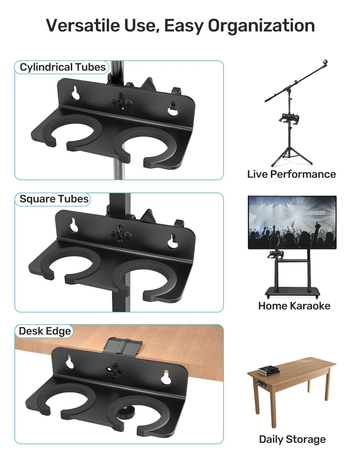 Multi Microphone Holder with Clamp (Aluminum/Rubber), Mount on Mic Stand & Desk Edge & Wall, Hold Up to 2 Wired/Wireless Handheld Mics, Ideal for Church, Street Performance, Home Studio, Karaoke - Image 4