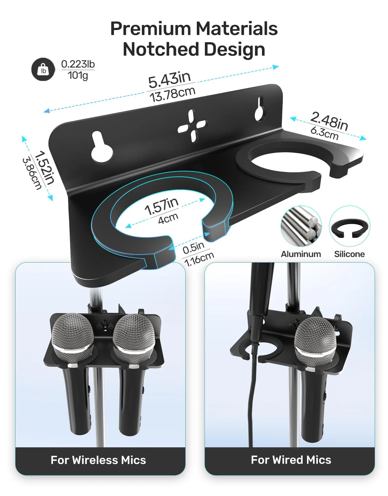 Multi Microphone Holder with Clamp (Aluminum/Rubber), Mount on Mic Stand & Desk Edge & Wall, Hold Up to 2 Wired/Wireless Handheld Mics, Ideal for Church, Street Performance, Home Studio, Karaoke - Image 6