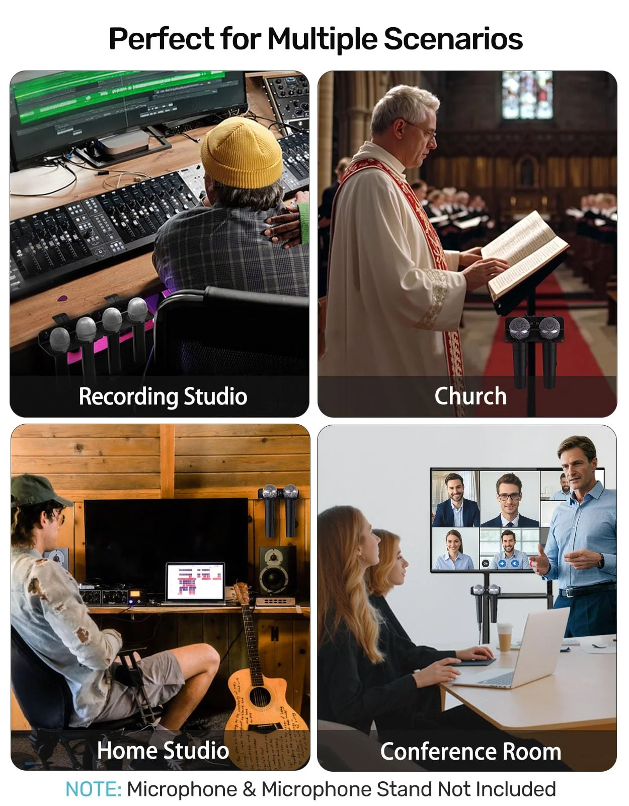 Multi Microphone Holder with Clamp (Aluminum/Rubber), Mount on Mic Stand & Desk Edge & Wall, Hold Up to 2 Wired/Wireless Handheld Mics, Ideal for Church, Street Performance, Home Studio, Karaoke - Image 7