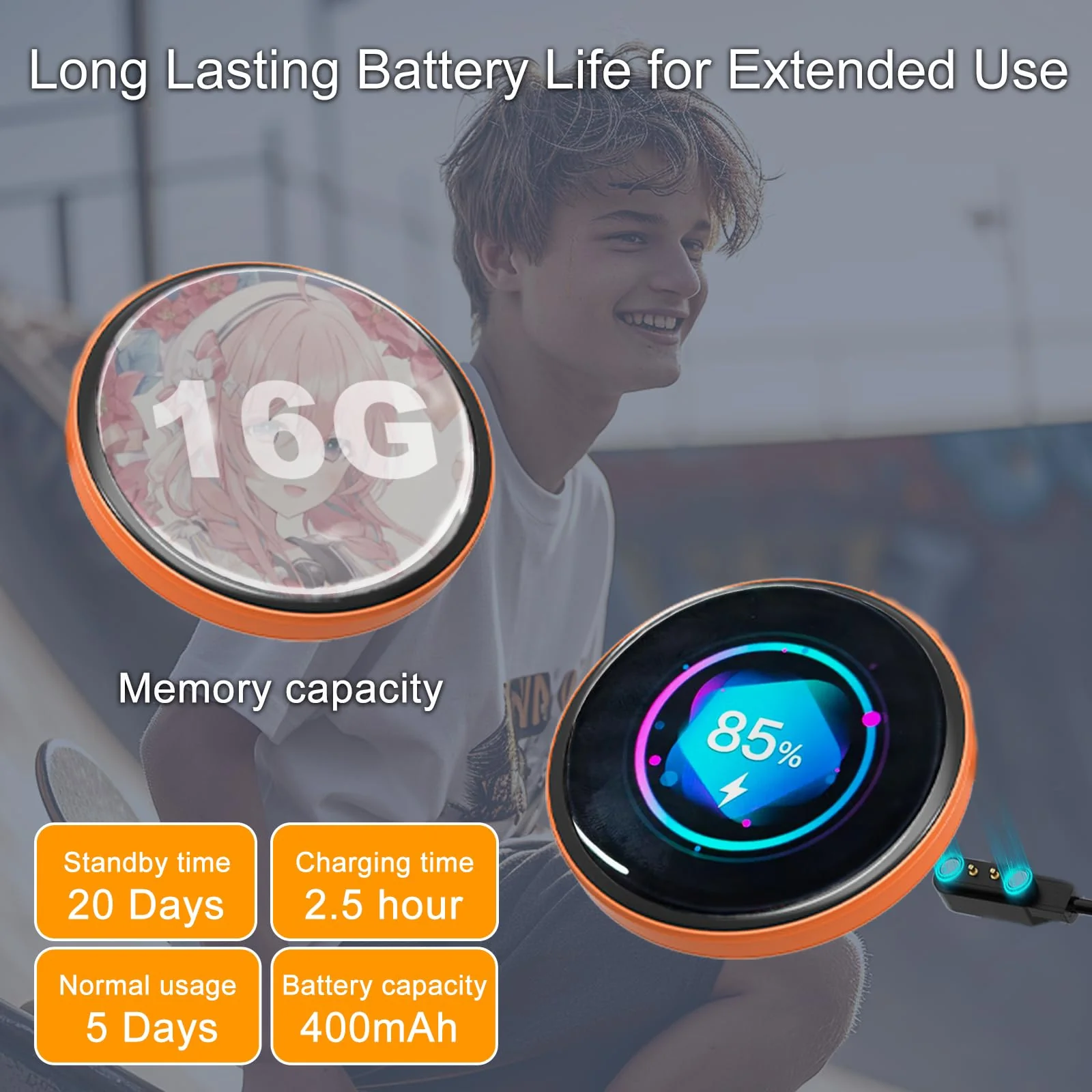Multifunction MP3 Player with E-Book Reader, Watch Features, Bluetooth, Voice Recorder, Message Synchronization, IP67, 18H Battery, Magnetic Design/Necklace/Brooch for Backpacks/Hoodies/Hats(Orange) Orange - Image 3