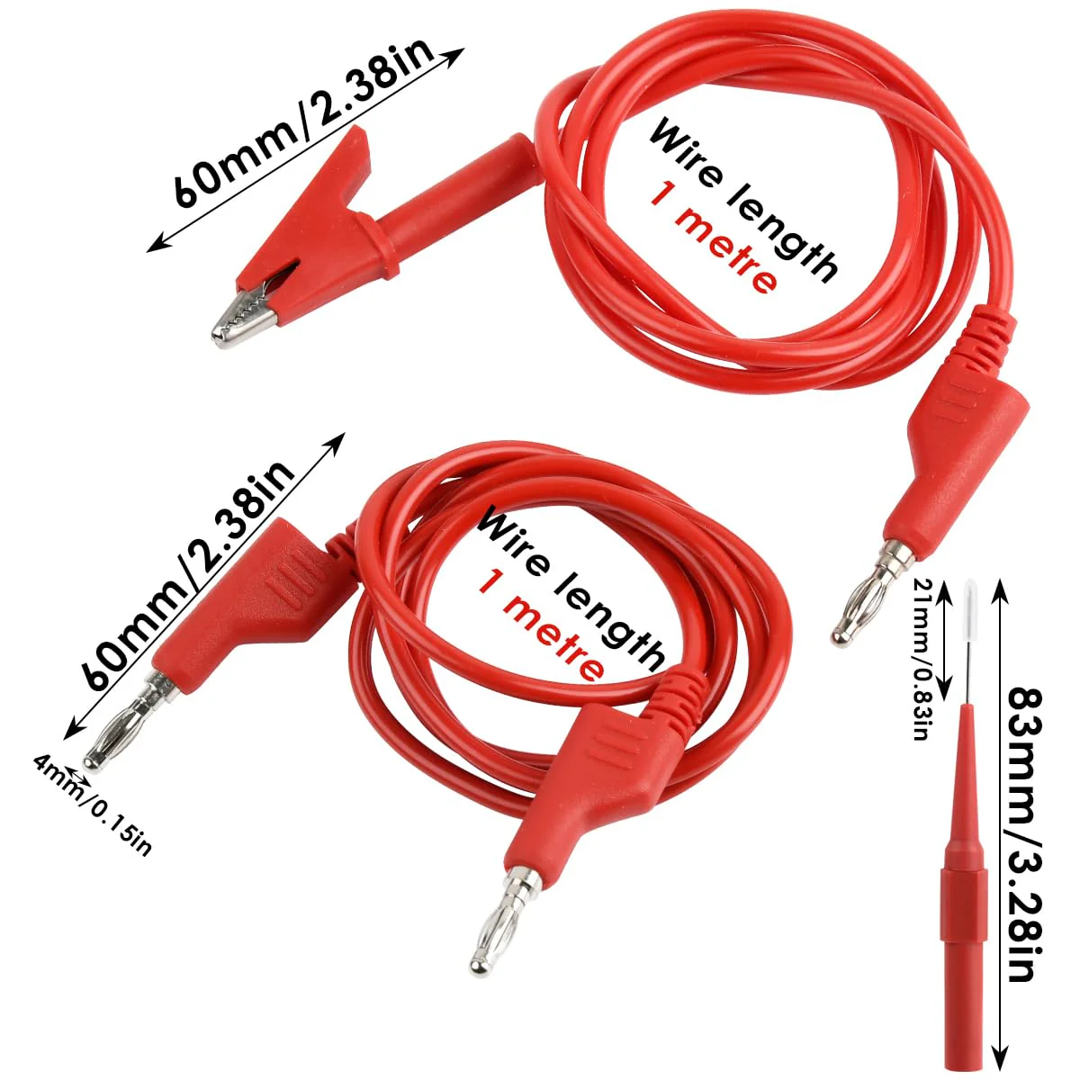 Multimeter Test Leads Set 4mm, 2pcs Banana Plug to Crocodile Clips Electrical Alligator Test Leads, 2pcs Double Ended Banana Plug 1m Test Lead with 2 Probes for Digital Multimeter 1000V 15A Red+Black - Image 2