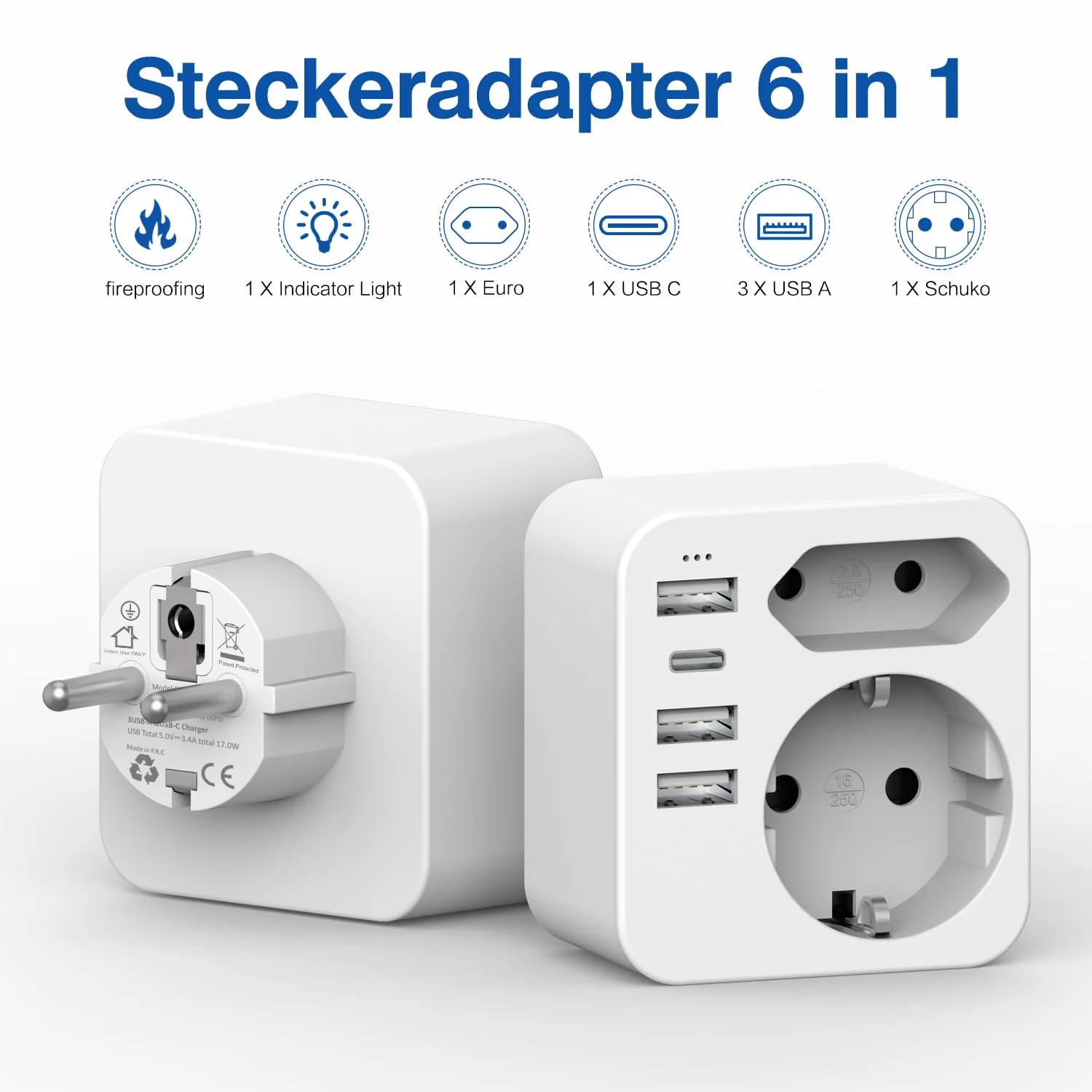 Multiple Socket with 4 USB Power Plugs, Double Plug for USB Socket, Multiple Plug for USB Socket and USB C Adapter, Wall Charger, Power Strip (White) White - Image 3
