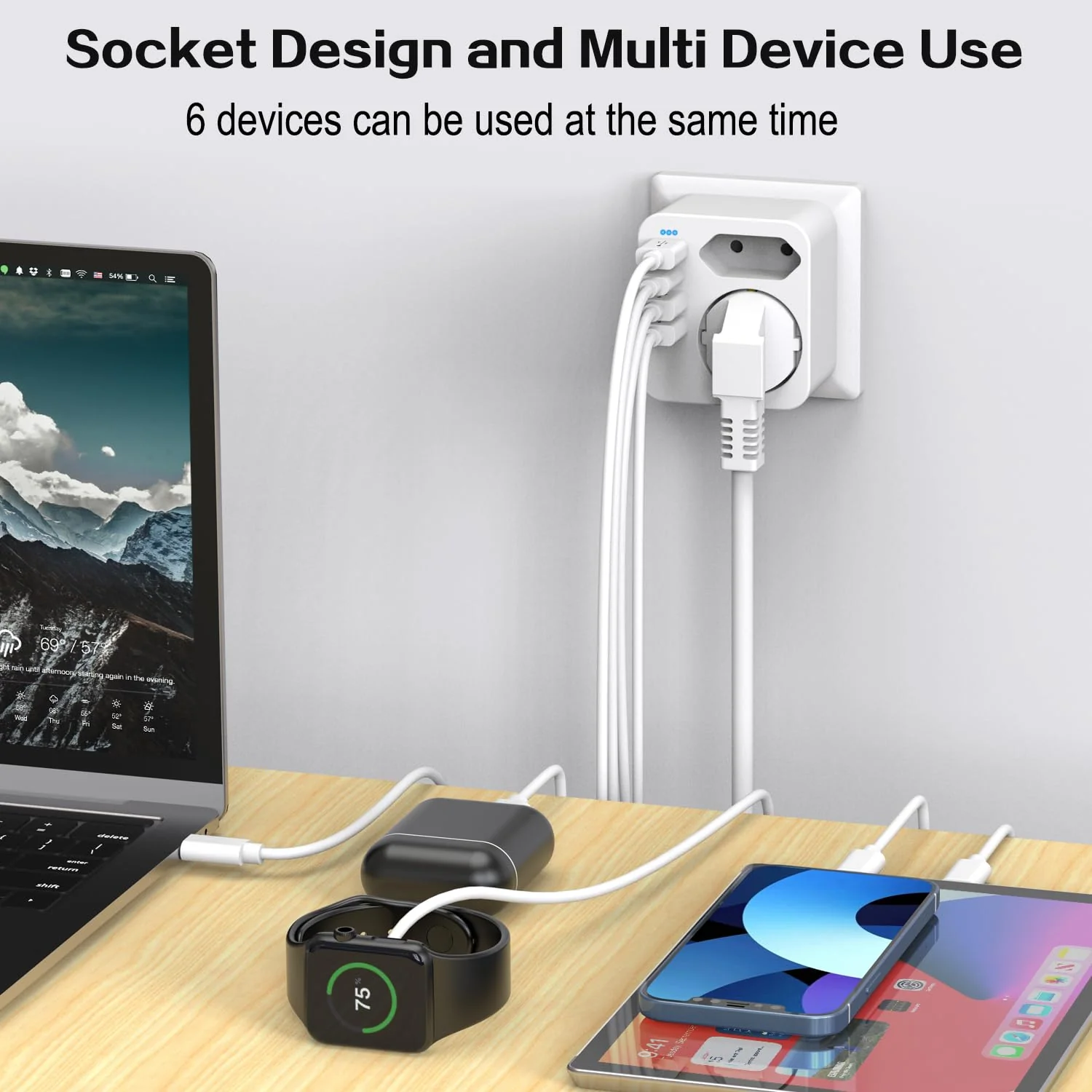 Multiple Socket with 4 USB Power Plugs, Double Plug for USB Socket, Multiple Plug for USB Socket and USB C Adapter, Wall Charger, Power Strip (White) White - Image 5