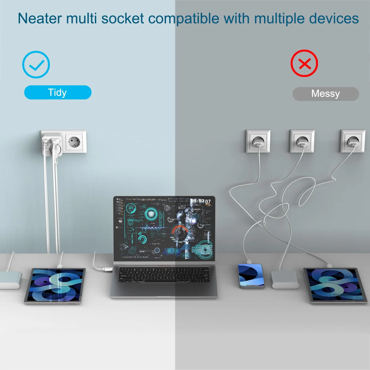 Multiple Socket with 4 USB Power Plugs, Double Plug for USB Socket, Multiple Plug for USB Socket and USB C Adapter, Wall Charger, Power Strip (White) White - Image 6