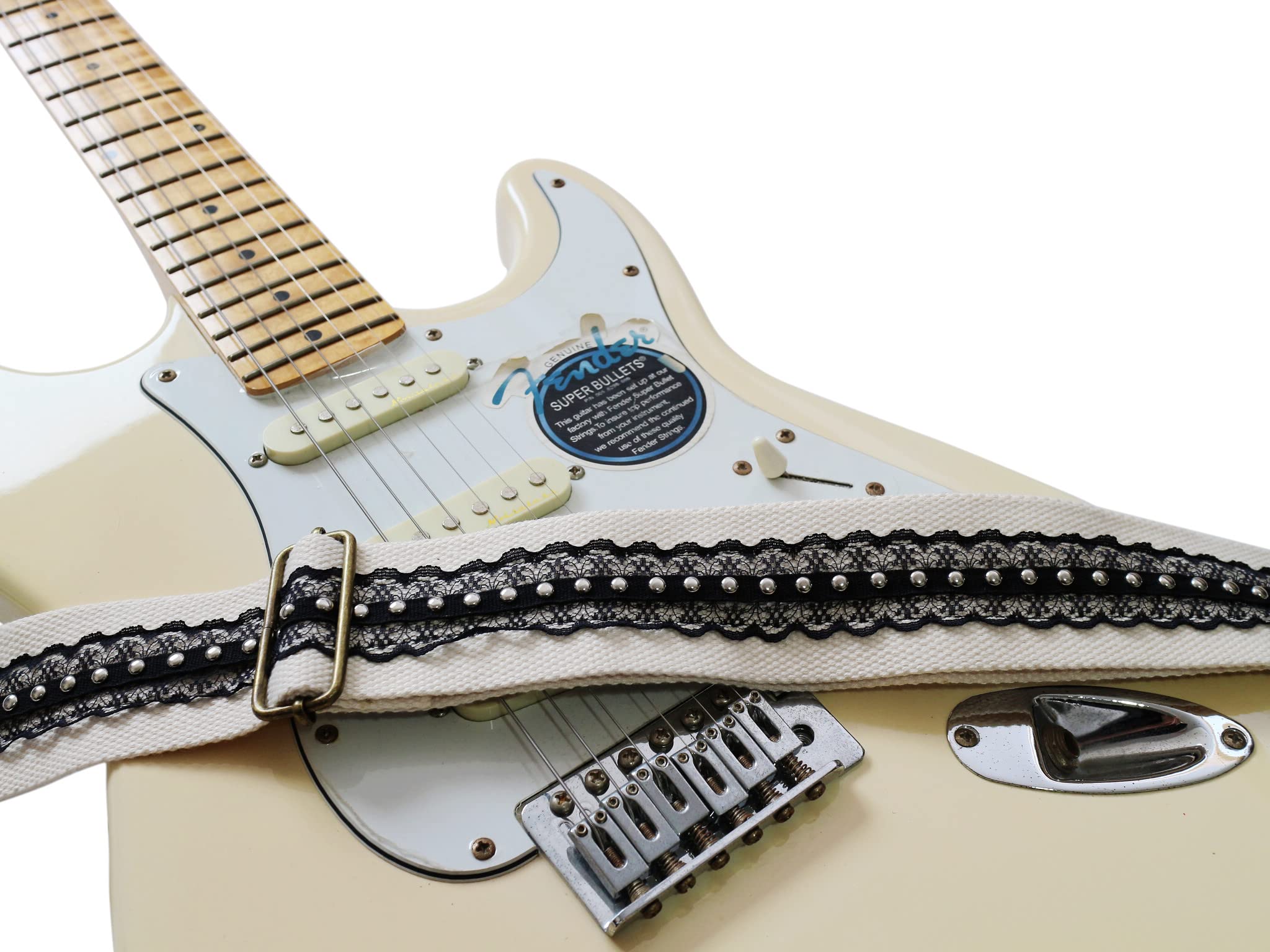 MUSIC FIRST Original Design, 2 inch width (5cm), Black Cool & Vintage Style Black Lace with Metal Rivets Soft Lace & Genuine Leather Delux Electric Guitar Strap Bass Strap - Image 2