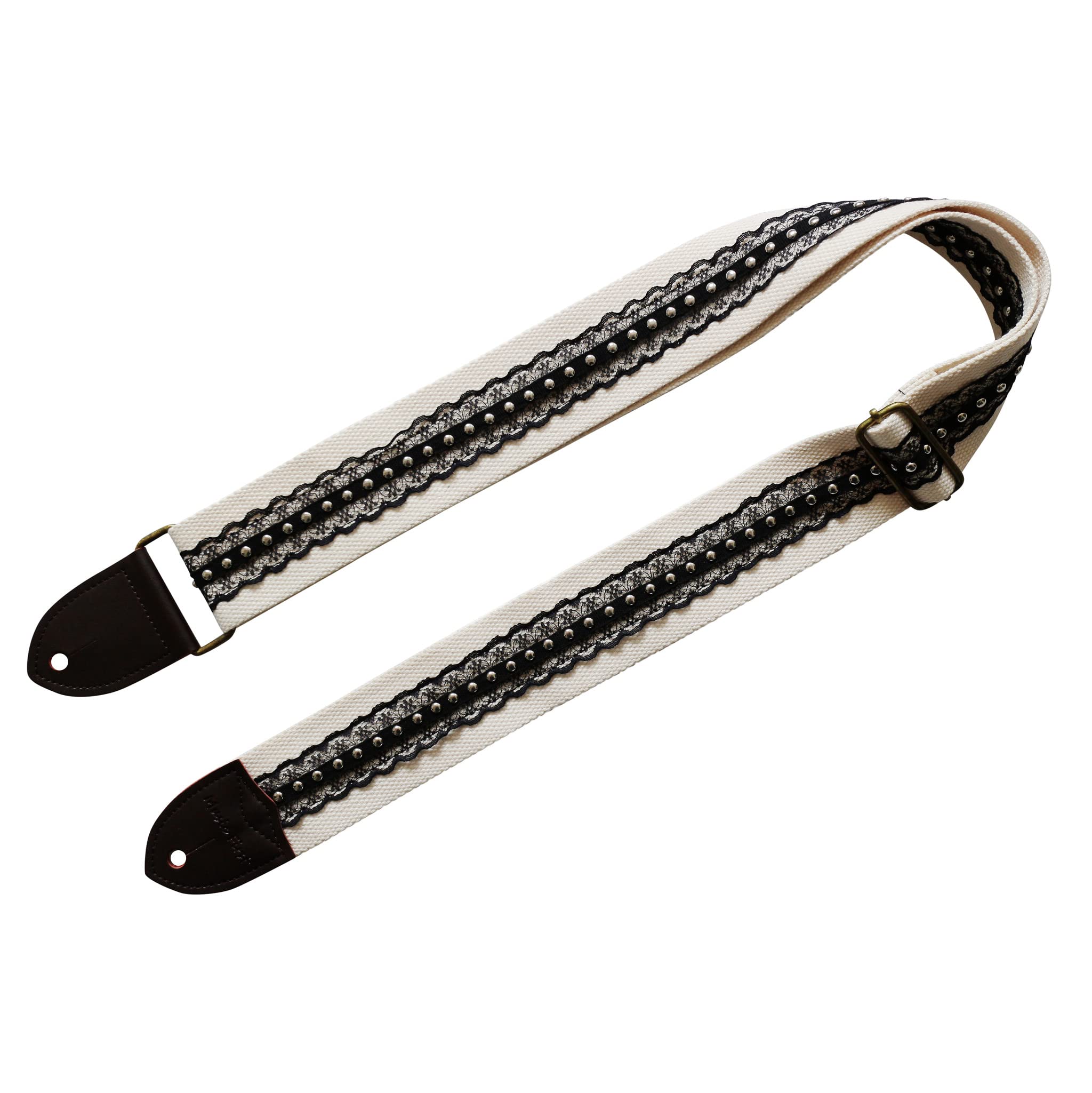 MUSIC FIRST Original Design, 2 inch width (5cm), Black Cool & Vintage Style Black Lace with Metal Rivets Soft Lace & Genuine Leather Delux Electric Guitar Strap Bass Strap - Image 3