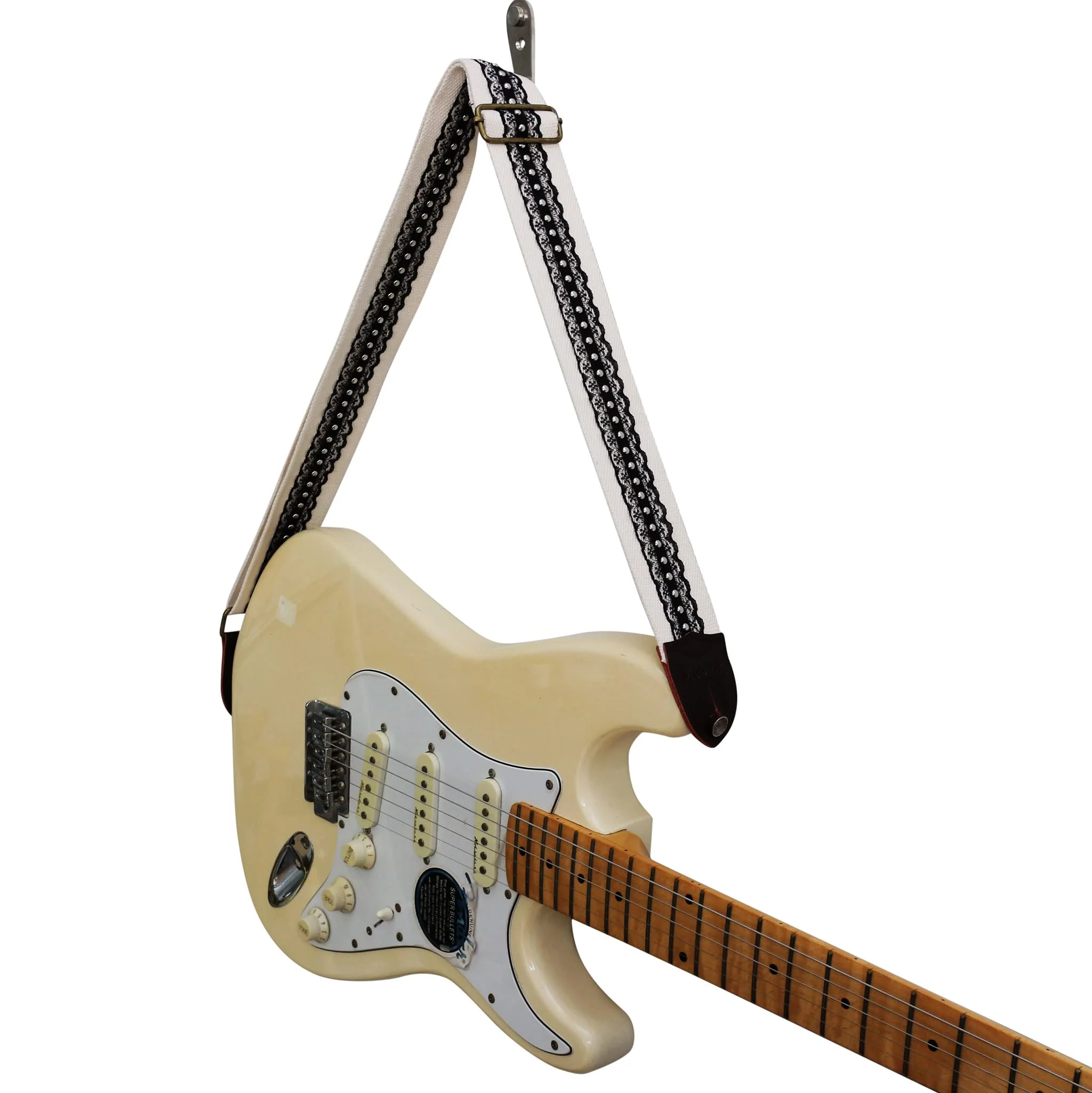 MUSIC FIRST Original Design, 2 inch width (5cm), Black Cool & Vintage Style Black Lace with Metal Rivets Soft Lace & Genuine Leather Delux Electric Guitar Strap Bass Strap - Image 4