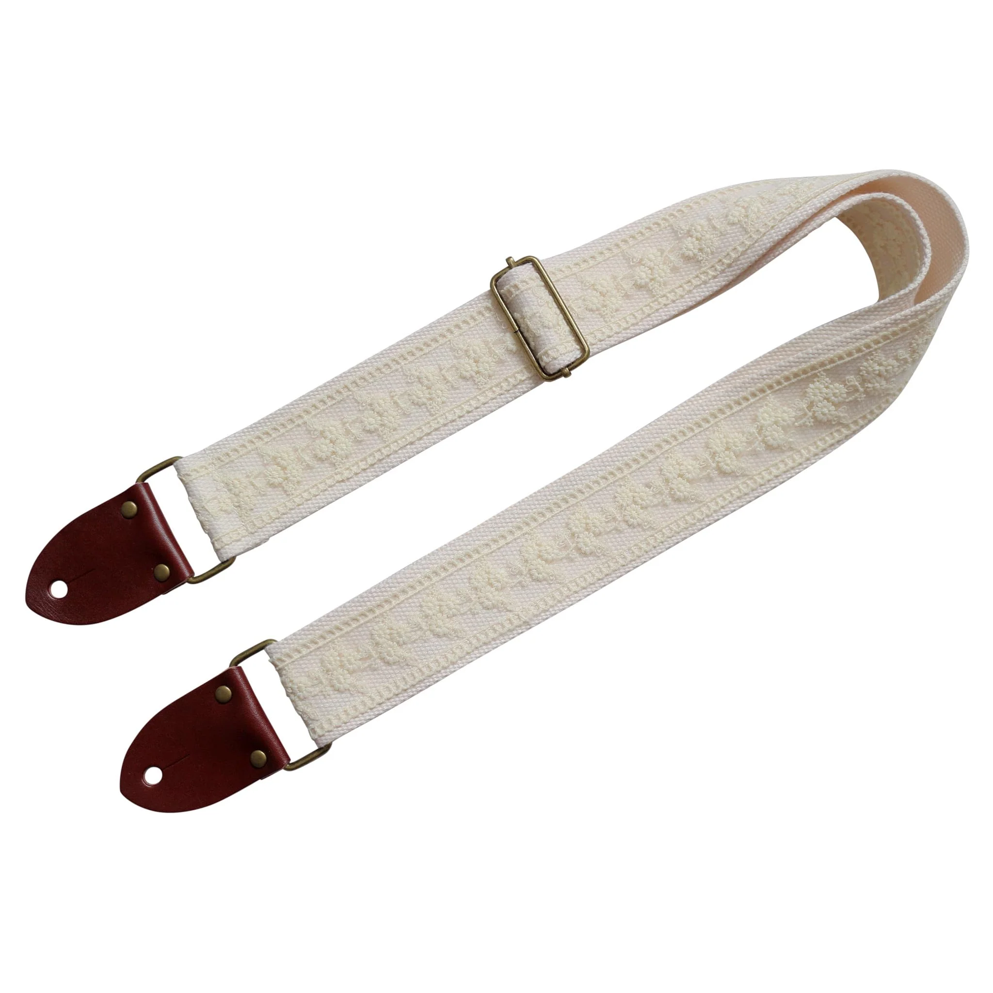 MUSIC FIRST Original Design, 2 inch width (5cm), Cream Lace Electric Guitar Strap Bass Strap With Genuine Leather Strap End (The Leather Made In Italy) (Cream Lace) - Image 3