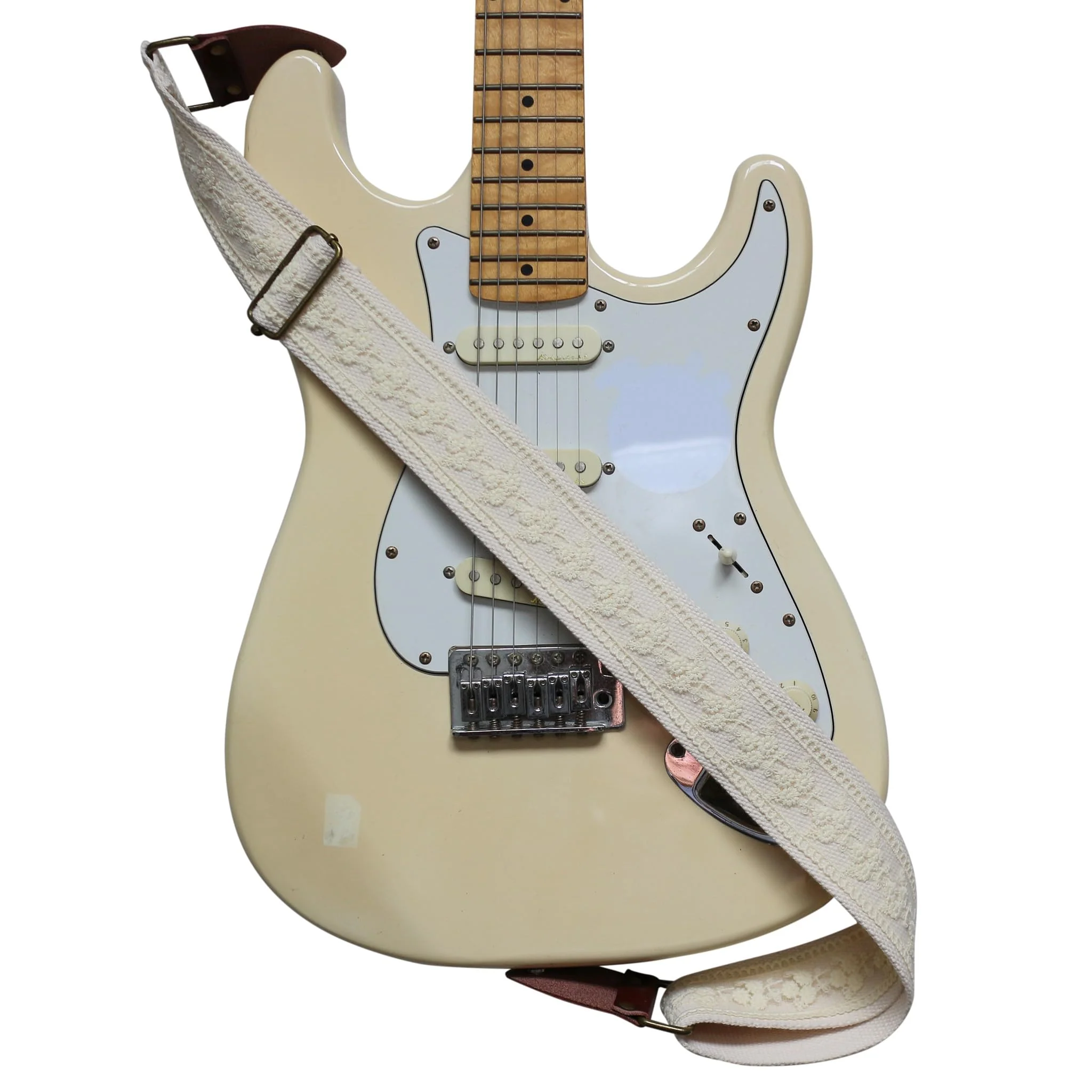 MUSIC FIRST Original Design, 2 inch width (5cm), Cream Lace Electric Guitar Strap Bass Strap With Genuine Leather Strap End (The Leather Made In Italy) (Cream Lace) - Image 6