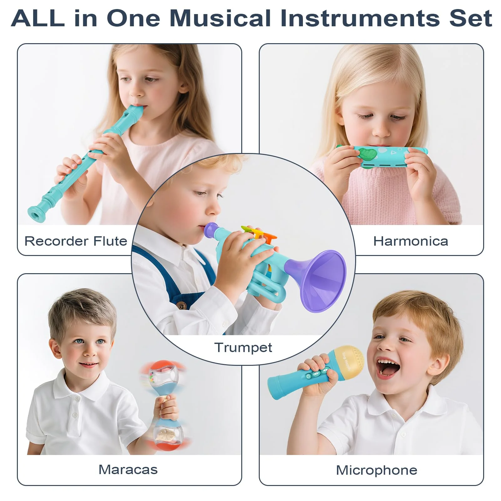 Musical Toys for 2 3 Year Old Boy Girl Birthday Gifts, 5 in 1 Montessori Musical Instruments for Toddlers 2-4 with Trumpet/Microphone/Flute/Harmonica, Preschool Learning Toys for Baby 18+ Months Plastic Set - Image 2
