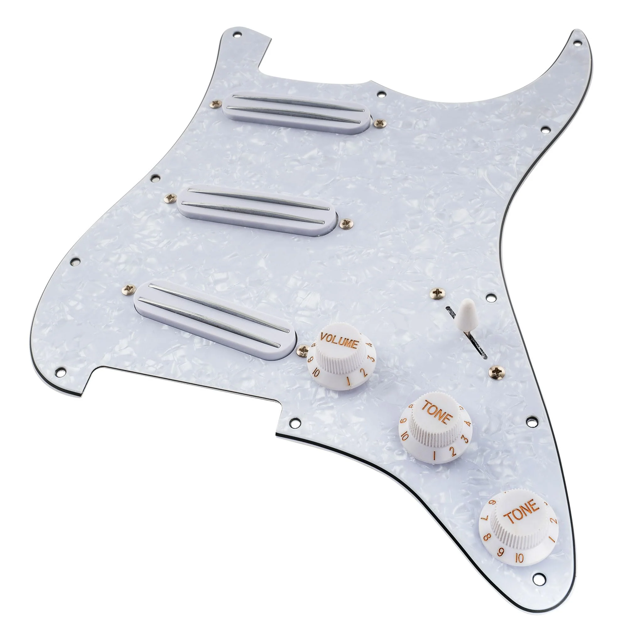 Musiclily 11-Hole SSS Prewired Loaded Pickguard with Dual Hot Rail High Output Pickups Set for Fender Squier Strat Electric Guitar, 4Ply White Pearl - Image 6