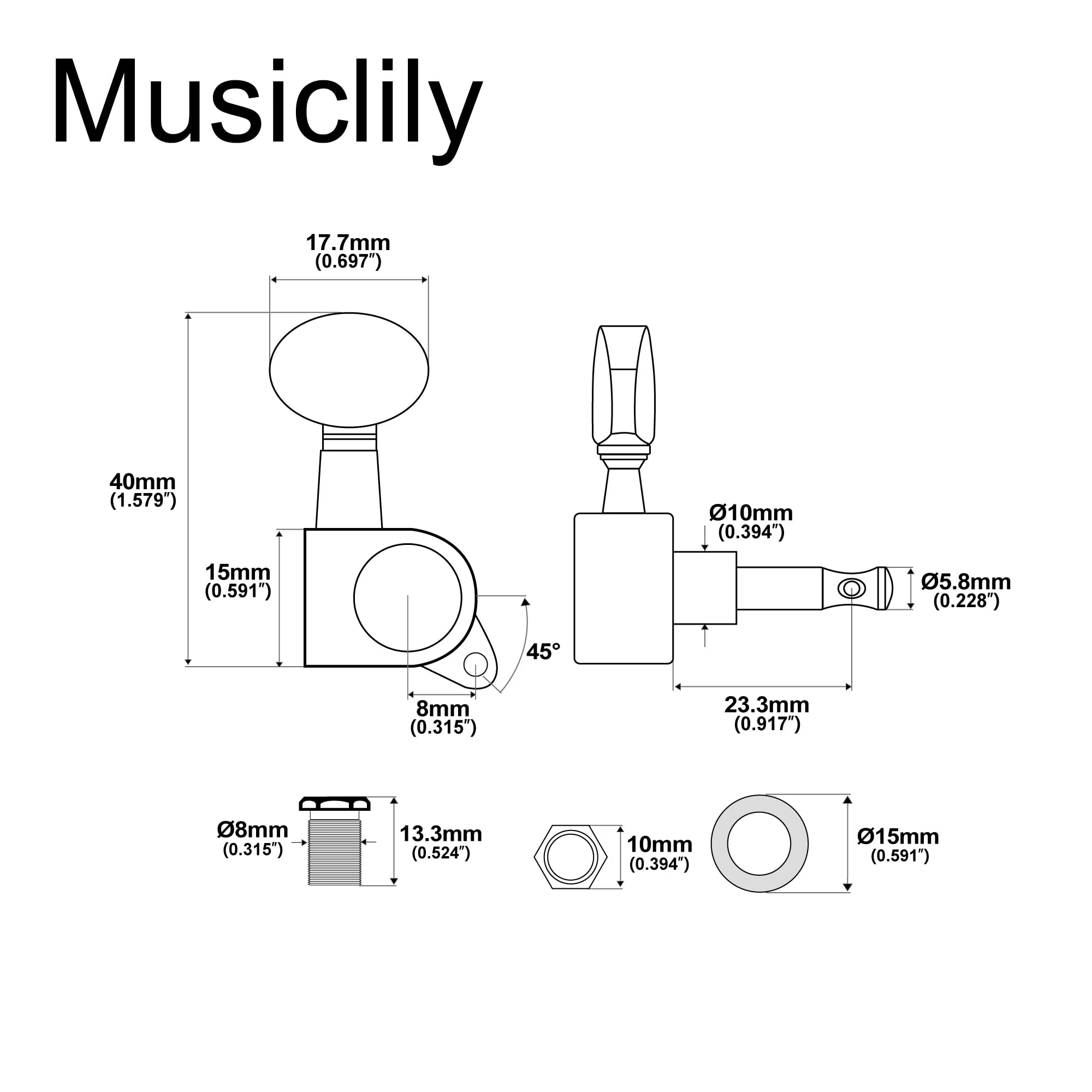 Musiclily 6 inline Sealed Guitar Tuners Tuning Pegs Keys Machine Heads Set for Strat Tele Electric Guitar Replacement,Kidney Button Chrome Kidney Button Chrome - Image 2