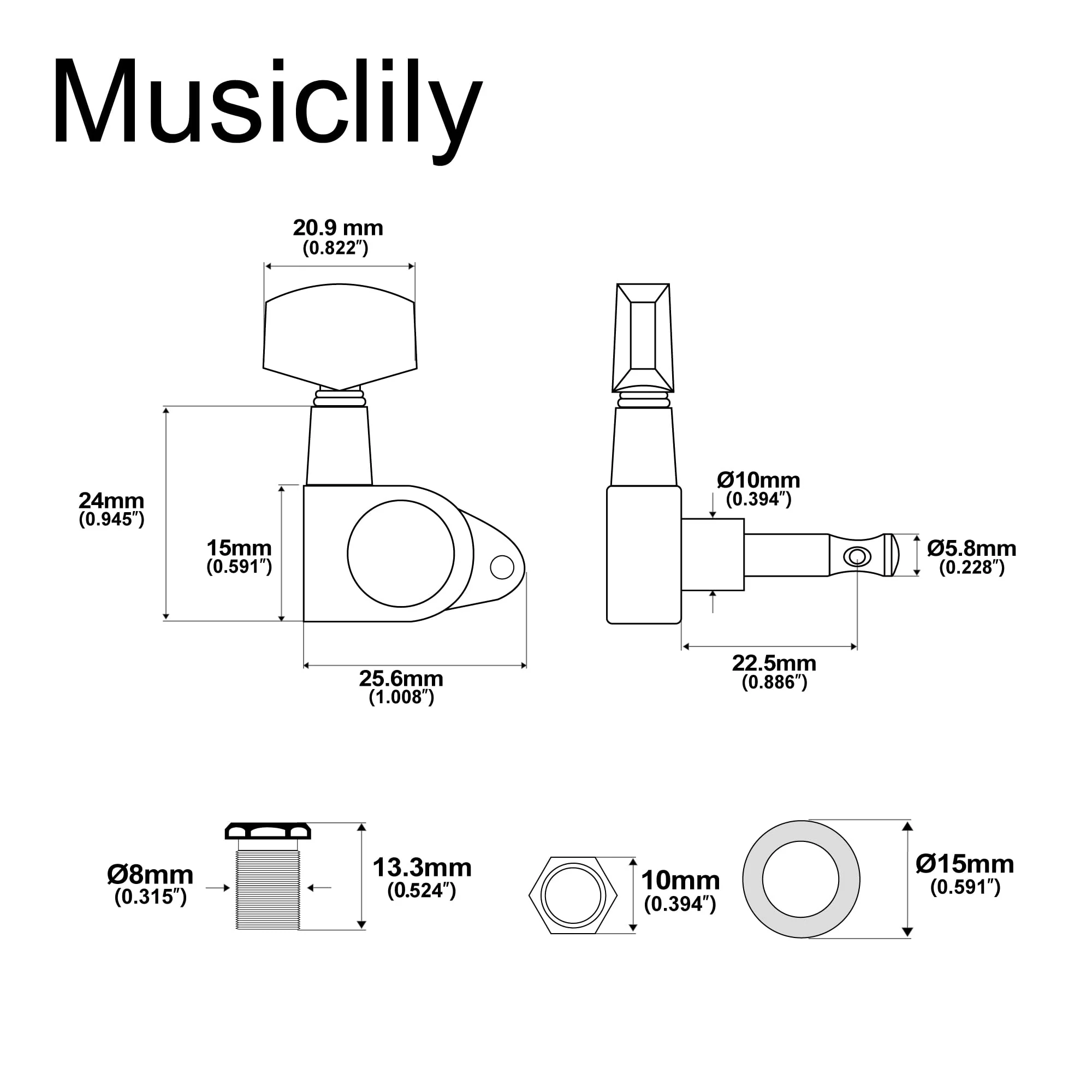 Musiclily Basic R15A 3R3L 15:1 Ratio Full Sealed Machine Heads Tuners Tuning Pegs Keys with Big Hex Button Right Angle Screw for Acoustic Electric Guitar, Chrome 3R3L Chrome - Image 2