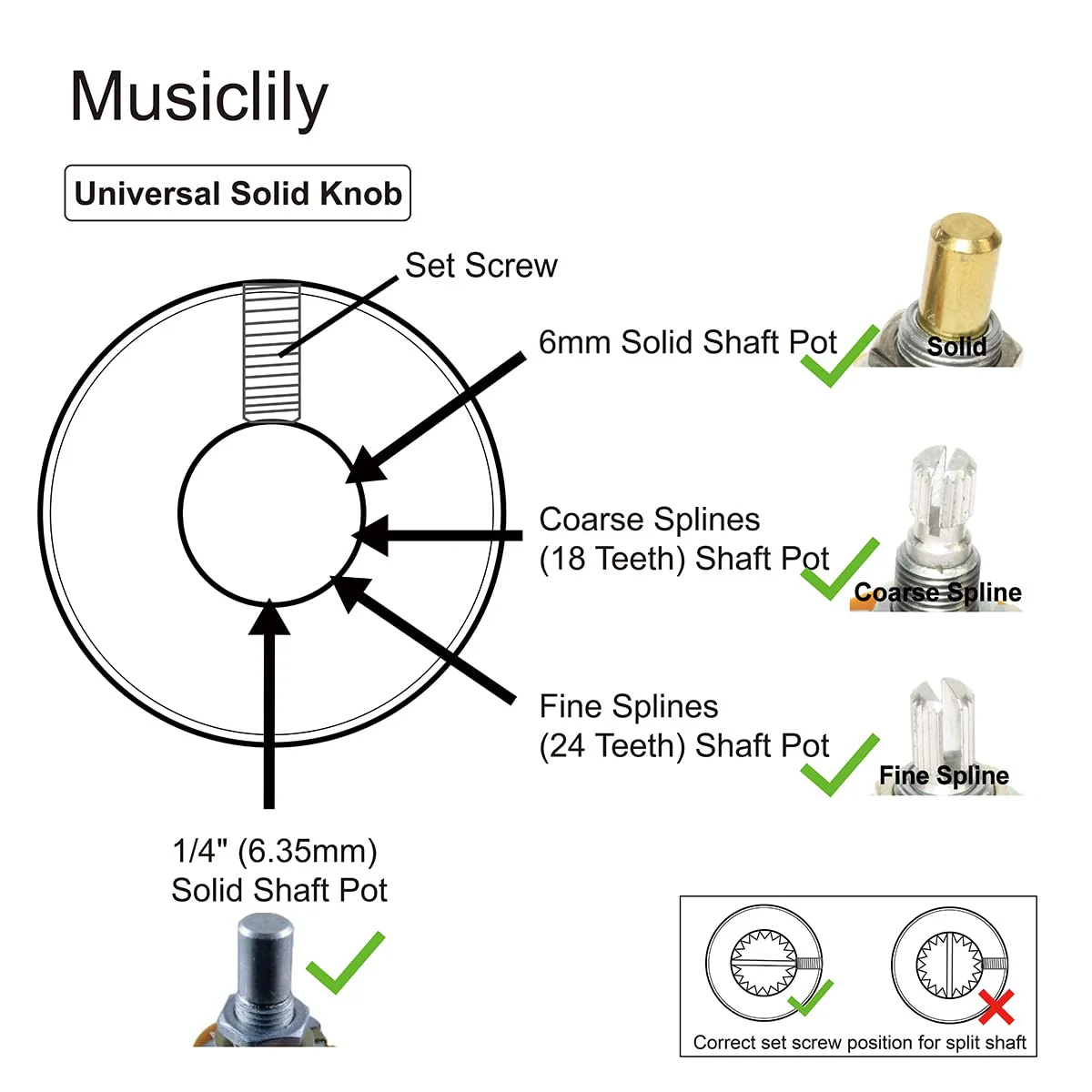 Musiclily Pro 1/4 Inch Steel Mother-of-Pearl Top Dome Knobs with Set Screw Universal Fitting Control Knobs for Electric Guitar or Bass, Gold (Set of 2) - Image 3