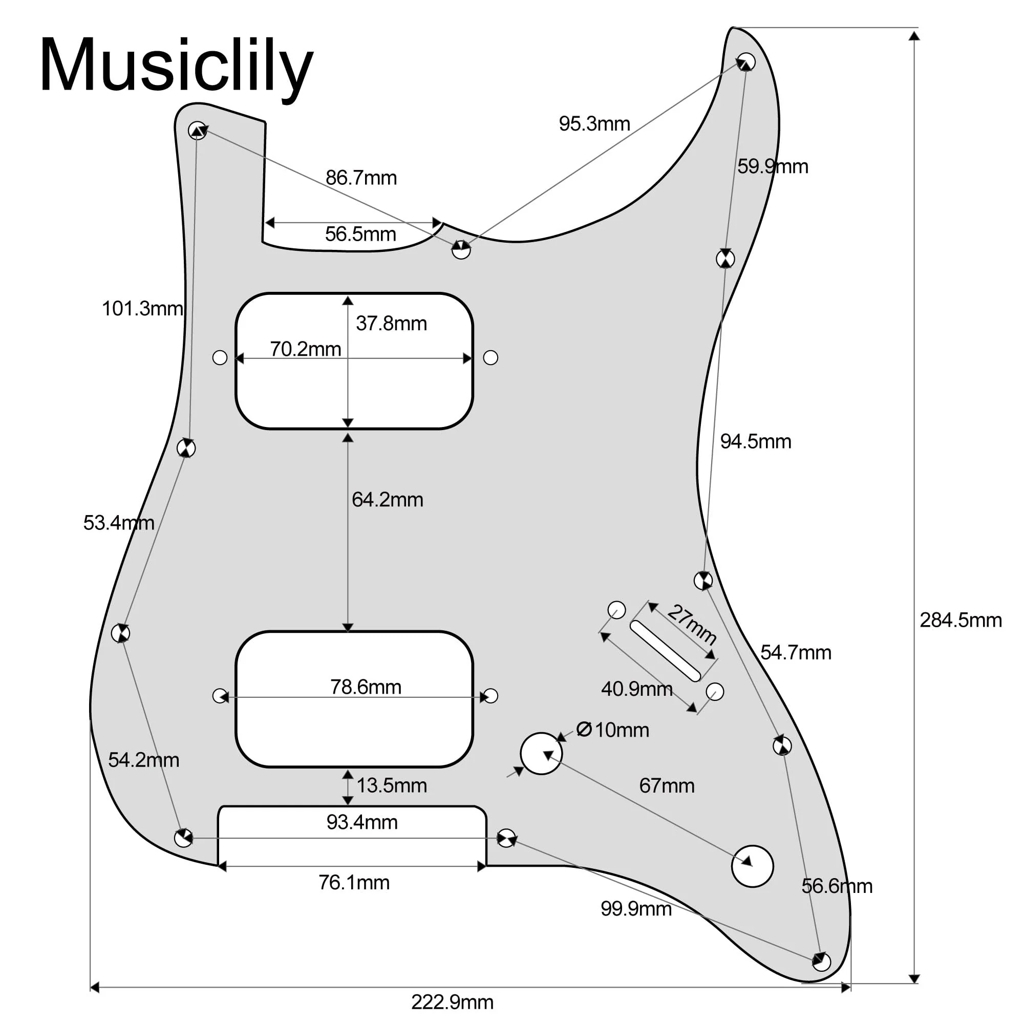 Musiclily Pro 11 Holes ST HH Guitar Pickguard with Round Corner Uncovered Humbucker 2-Pot Layout for Fender Squier Strat Style Electric Guitar, 4Ply Black Pearl - Image 2