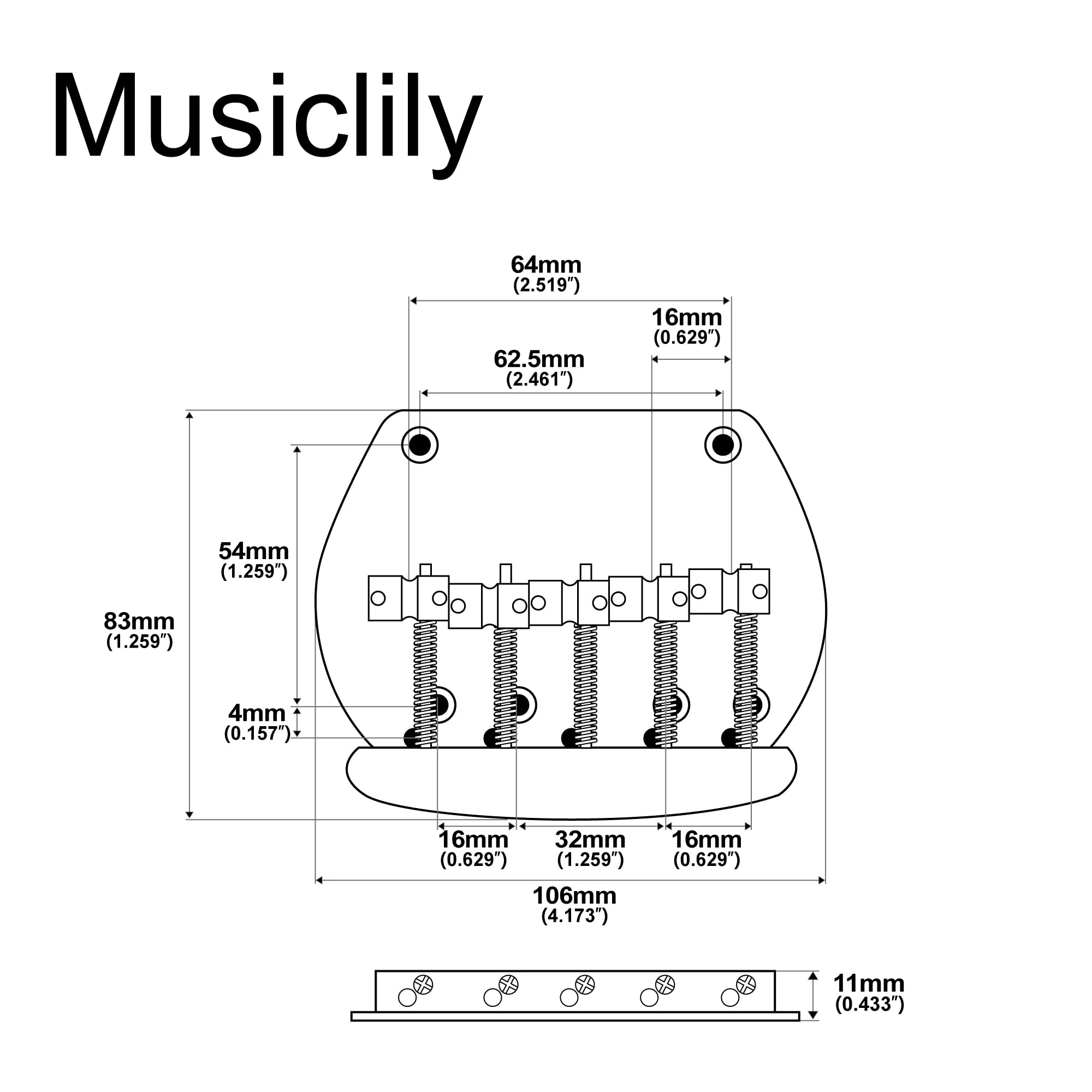 Musiclily Pro 16mm Steel 5-String Bass Bridge for Musicman Style Bass, Gold - Image 2