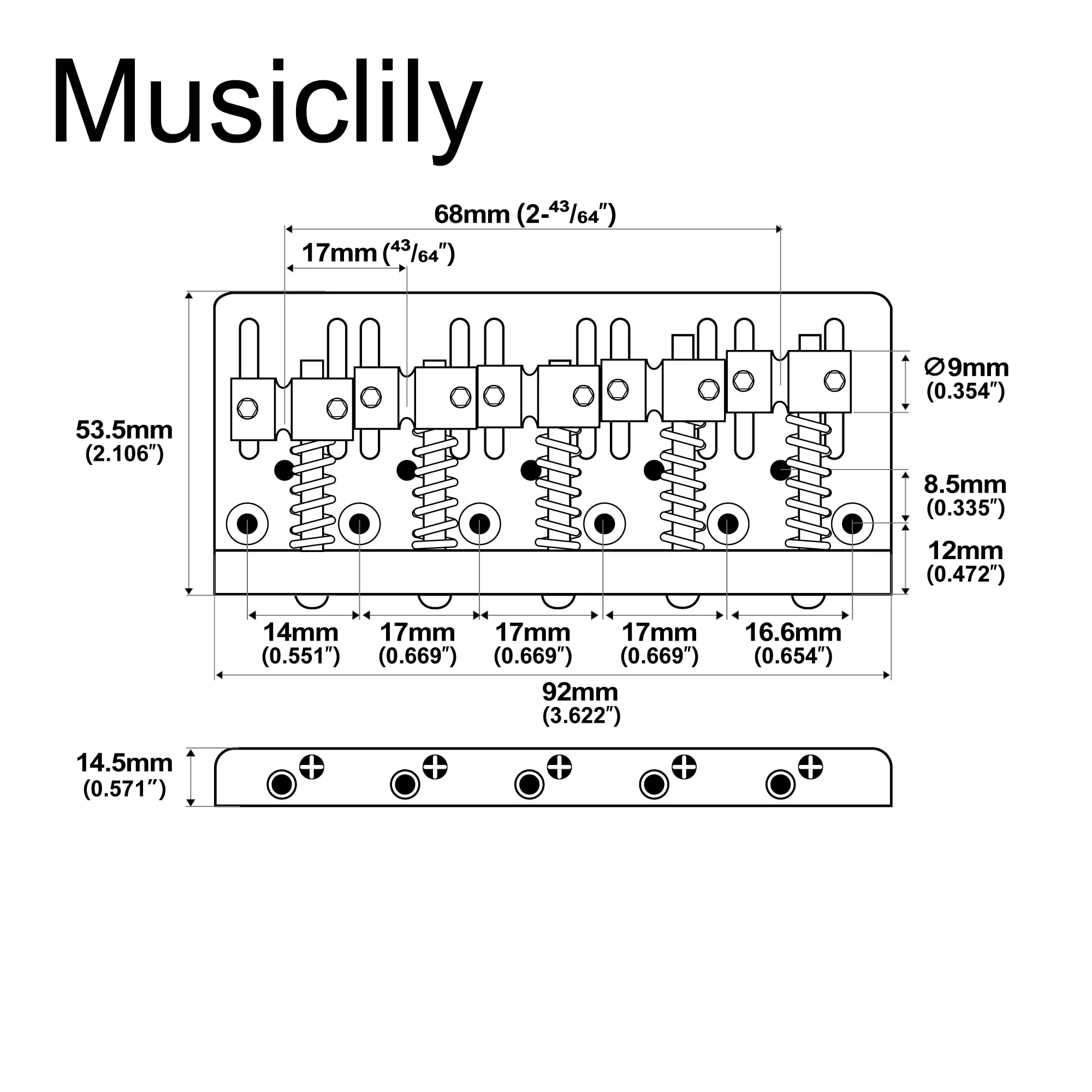 Musiclily Pro 17mm Heavy Duty 5-String Bass Bridge Dual Load with Brass Saddles Steel Plate for Fender Precision/Jazz Bass, Gold - Image 2