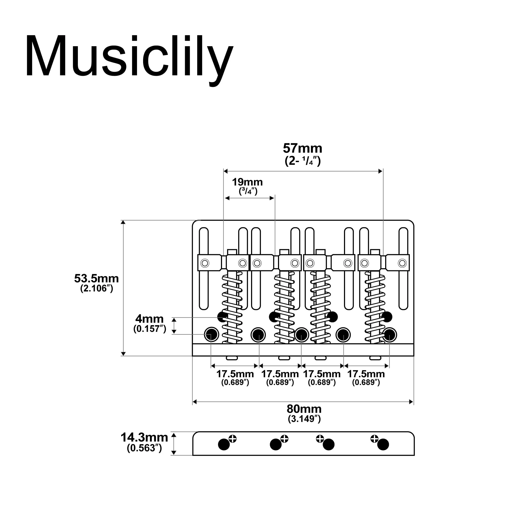 Musiclily Pro 19mm 4-String Bass Hardtail Bridge with Brass Saddles and Steel Plate, Black - Image 2