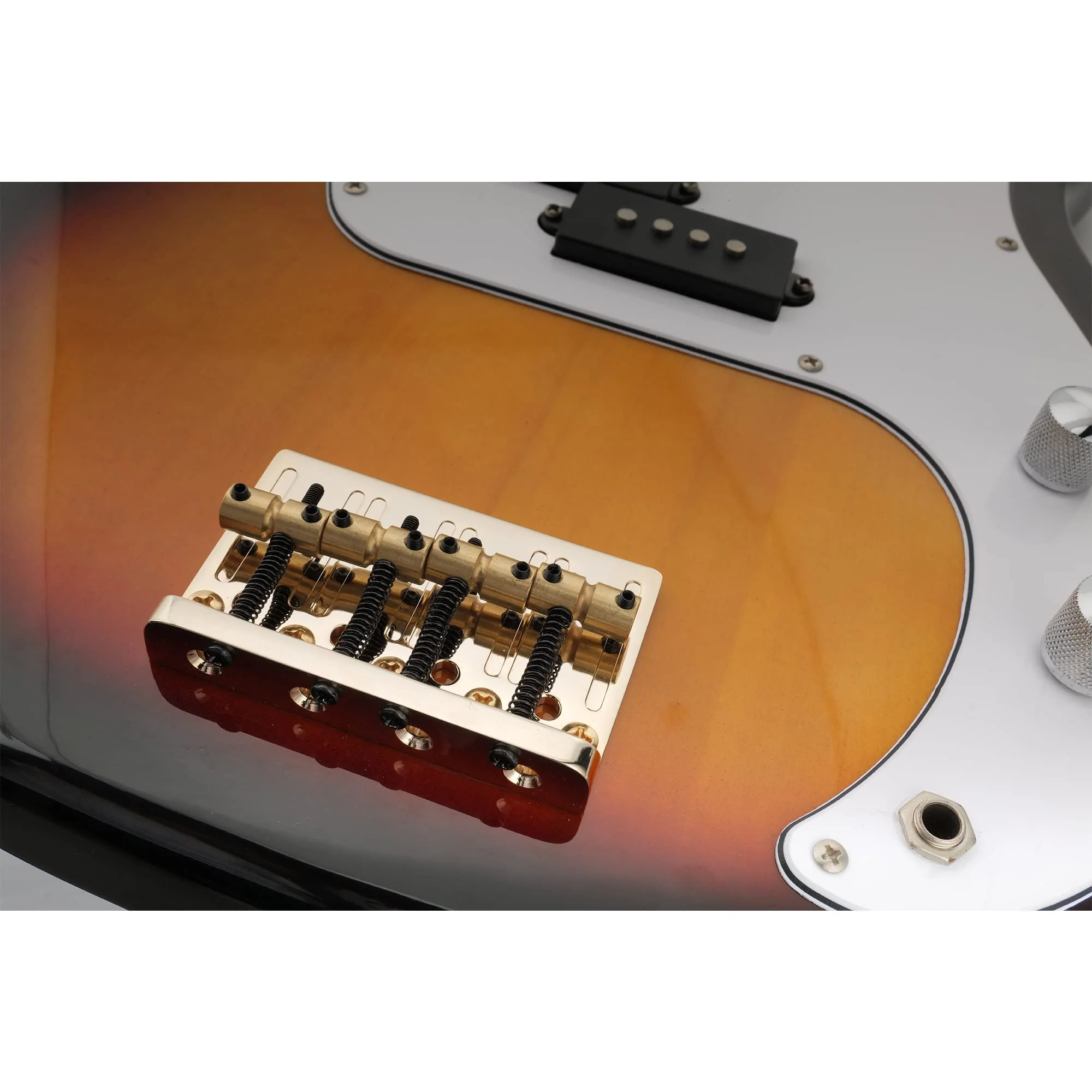 Musiclily Pro 19mm 4-String Bass Hardtail Bridge with Brass Saddles and Steel Plate, Gold - Image 6