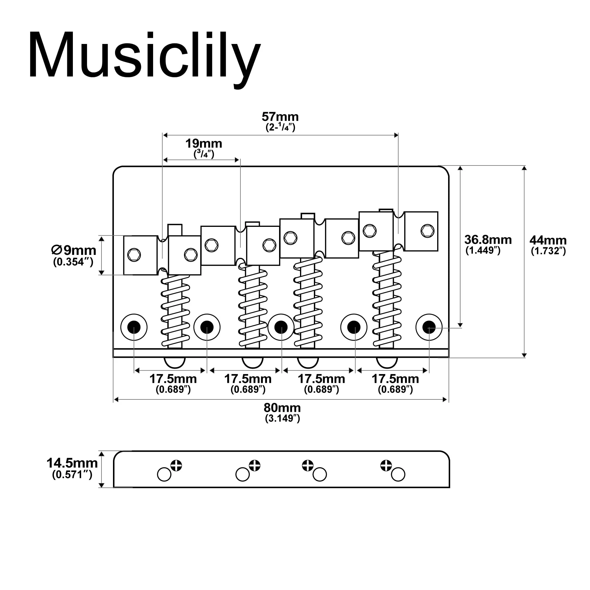 Musiclily Pro 19mm Classic Standard Hardtail Fixed 4-String Bass Bridge Top-loading with Brass Saddles Steel Plate for Jazz Bass Precision Bass PB JB Style Eelectric Bass, Chrome - Image 2