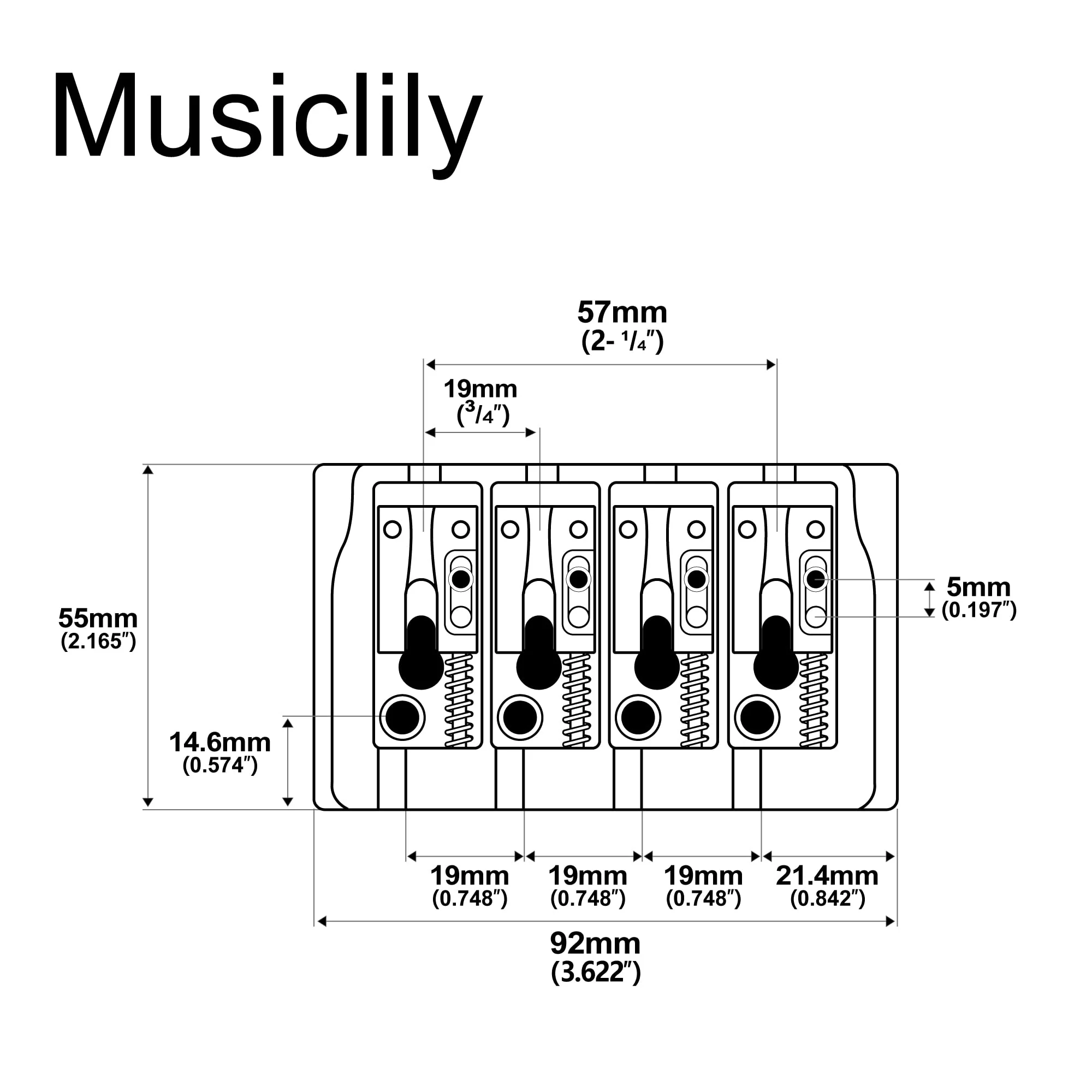 Musiclily Pro 19mm Locking Saddles Hard Zinc 4-String Bass Bridge, Black - Image 2