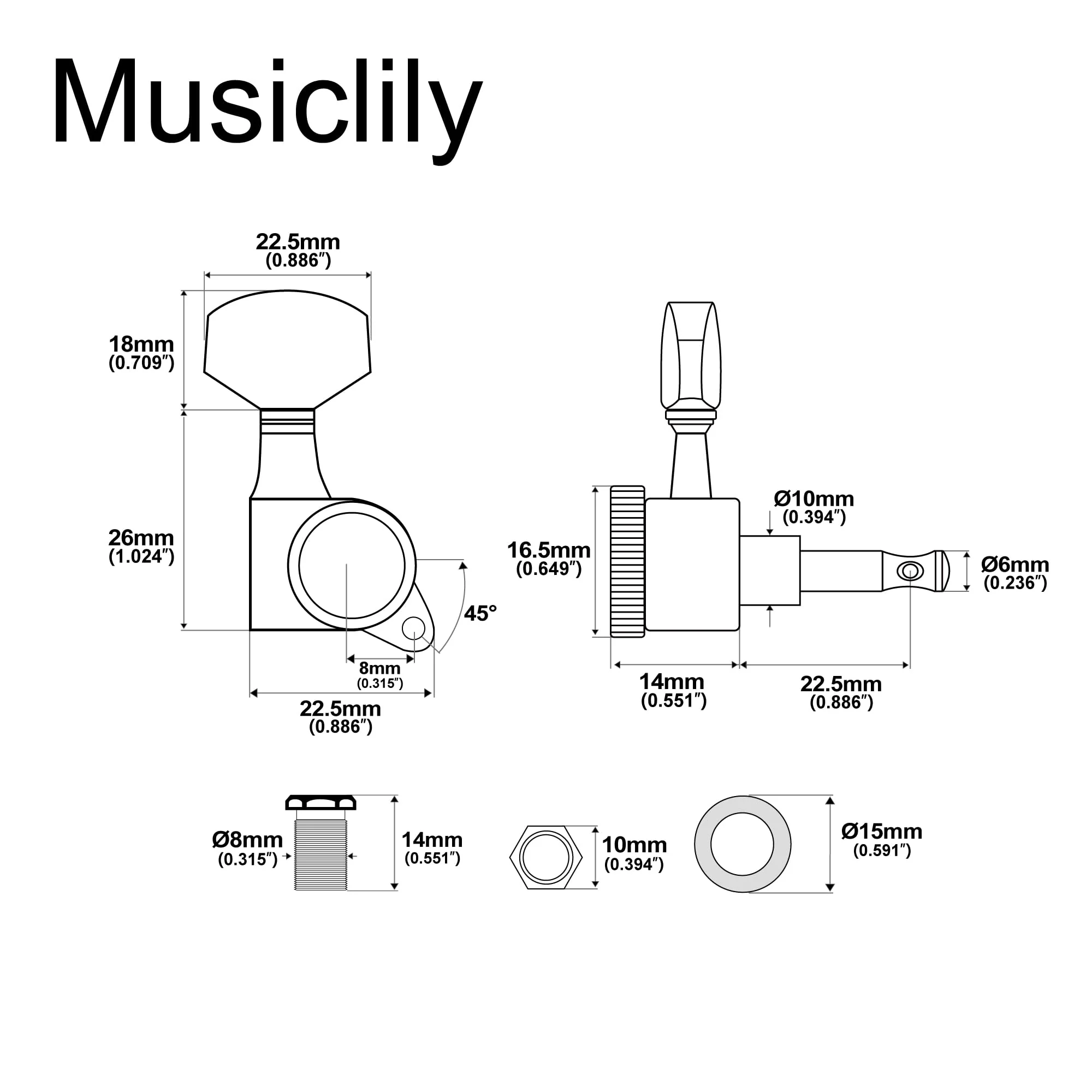 Musiclily Pro 3L+3R Guitar Locking Tuners 18:1 Ratio Lock String Tuning Key Pegs Machine Heads Replacement for LP SG Style Style Electric Folk or Acoustic Guitar, Chrome with Big Hex Button - Image 2