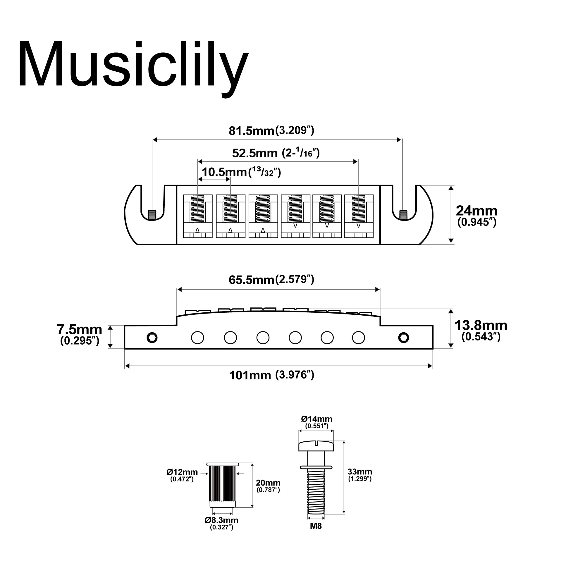 Musiclily Pro 52.5mm (2-1/16 inch) Pigtail Style Adjustable Wraparound Bridge Tailpiece for Epiphone Les Paul SG Style Electric Guitar, Nickel - Image 2