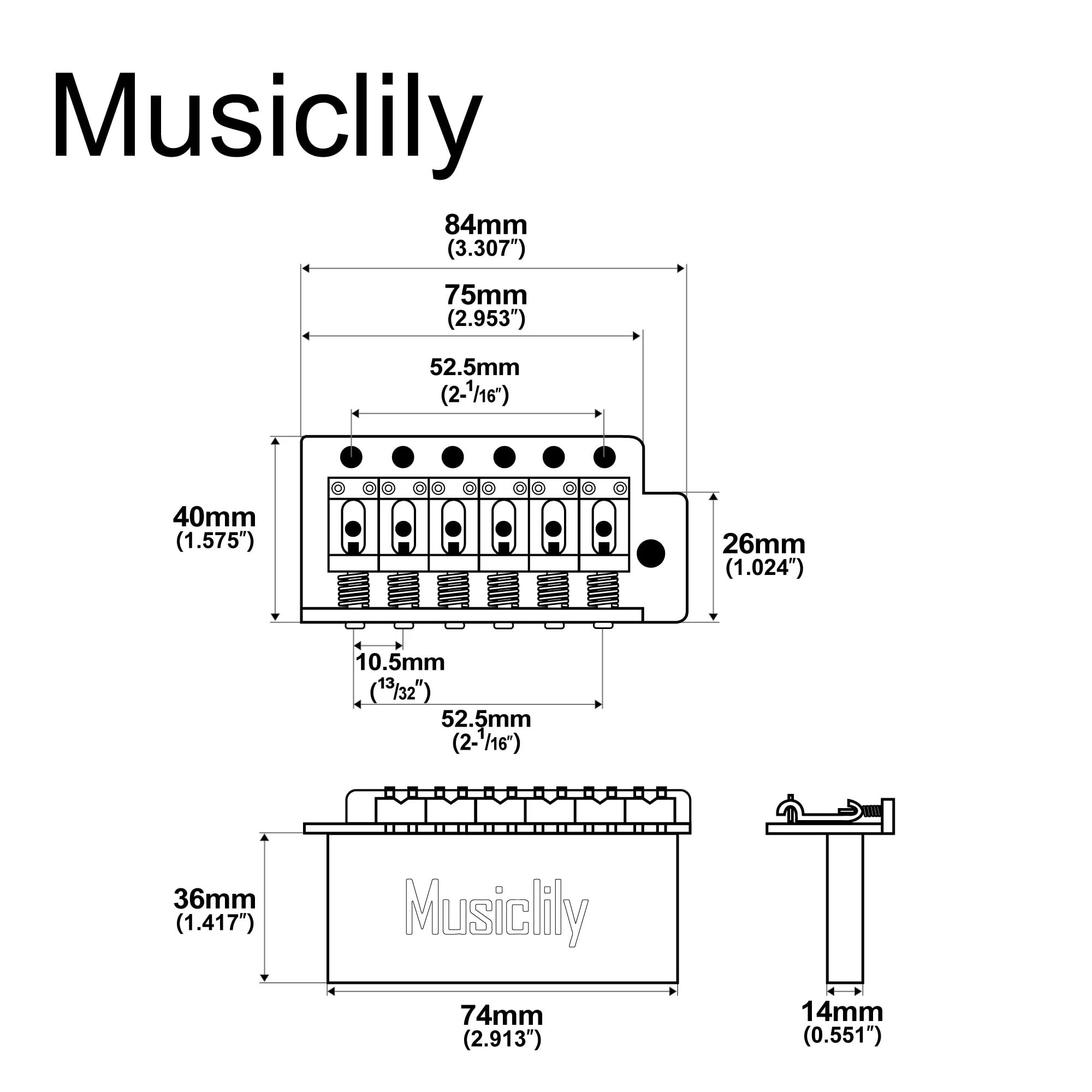 Musiclily Pro 52.5mm Vintage 6-Screw Tremolo Bridge 36mm Solid Brass Block for Squier Strat Style Electric Guitar, Black - Image 2