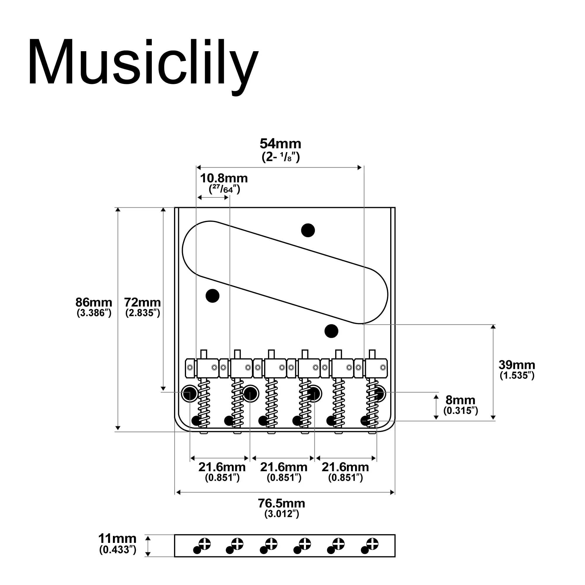 Musiclily Pro 54mm Vintage Telecaster Bridge with Barrel Brass 6-Saddle for Squier and Import Tele Style Electric Guitar, Chrome - Image 2
