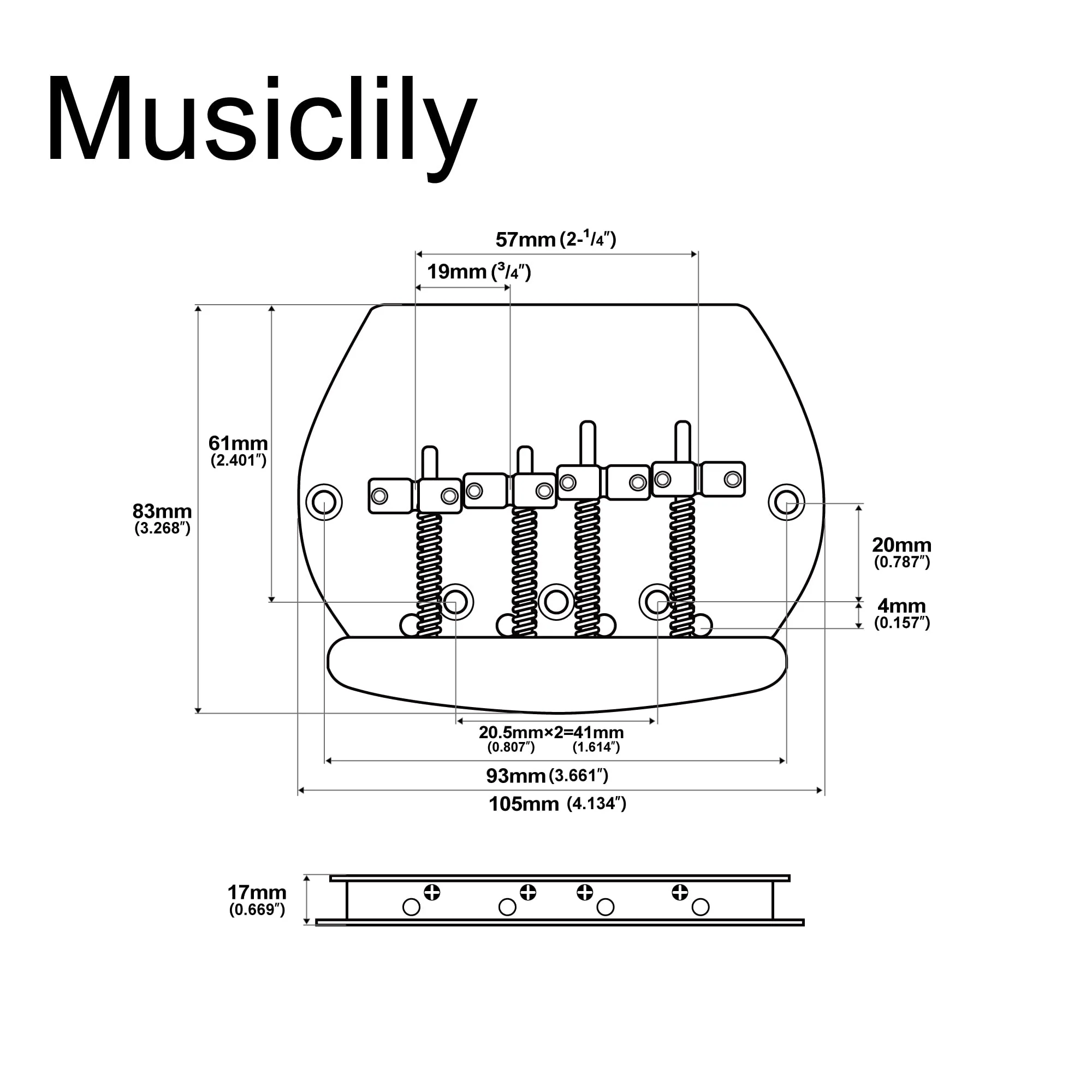 Musiclily Pro 57mm 4-String Bass Bridge for Music Man Style Bass Replacement, Black - Image 2