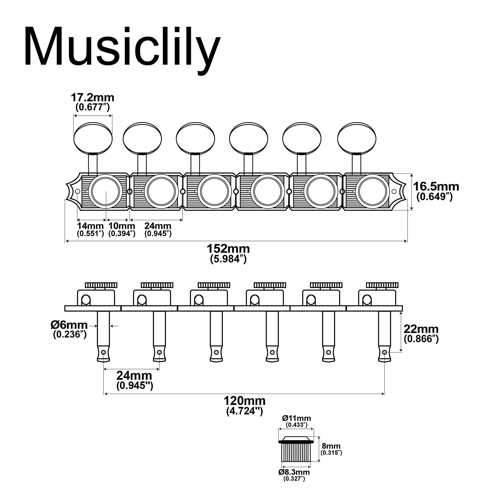 Musiclily Pro 6 inline Vintage Guitar Locking Tuners Guitar String Tuning Pegs Keys Machine Heads Replacement for Strat/Tele ST TL Style Electric Guitar, Nickel with Plastic Button - Image 2