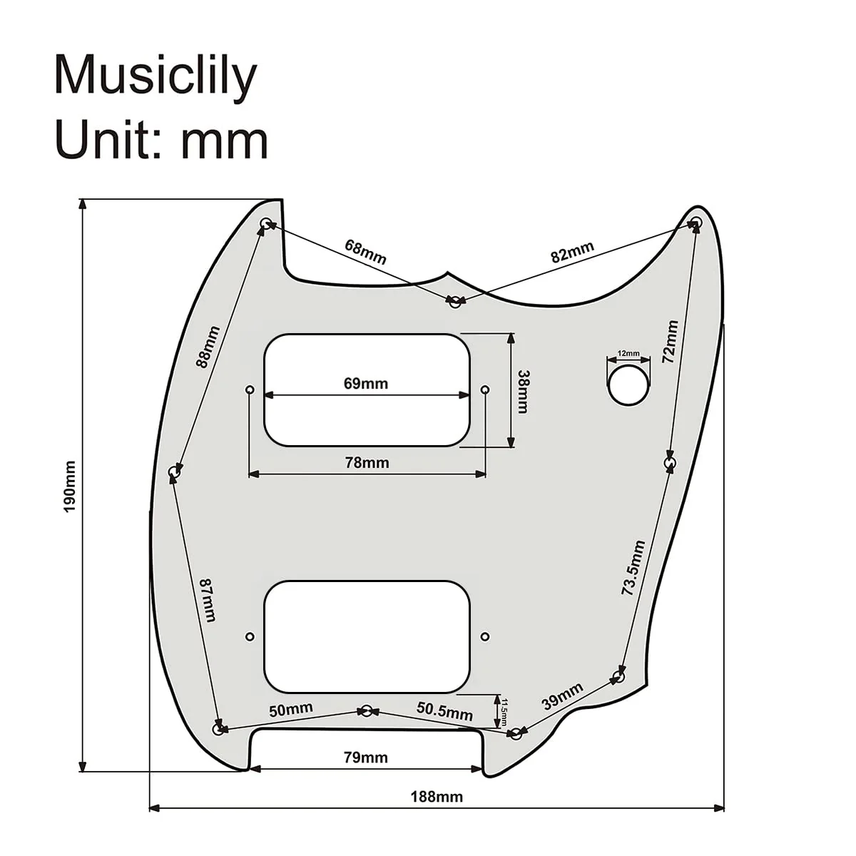 Musiclily Pro 9 Holes Round Corner HH Guitar Pickguard 2 Humbuckers for Squier Bullet Series Mustang Electric Guitar, 4Ply White Pearl - Image 2