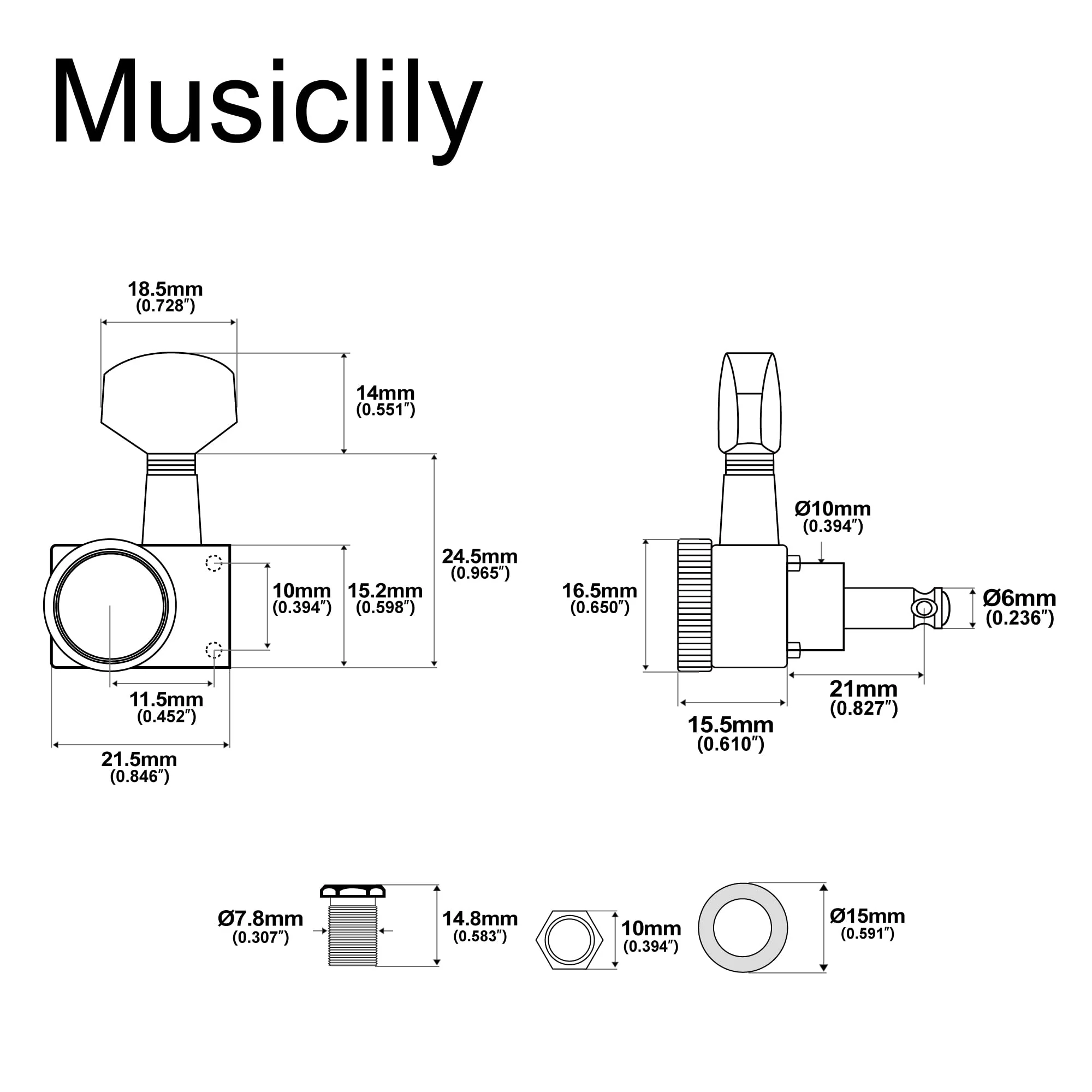 Musiclily Pro Left-Handed 6-in-line 18:1 Ratio 2-Pin Full Sealed Locking Machine Heads Tuners Tuning Pegs Keys with Hex Button for Fender Strat Tele Style Electric Guitar, Chrome 6L Chrome - Image 2
