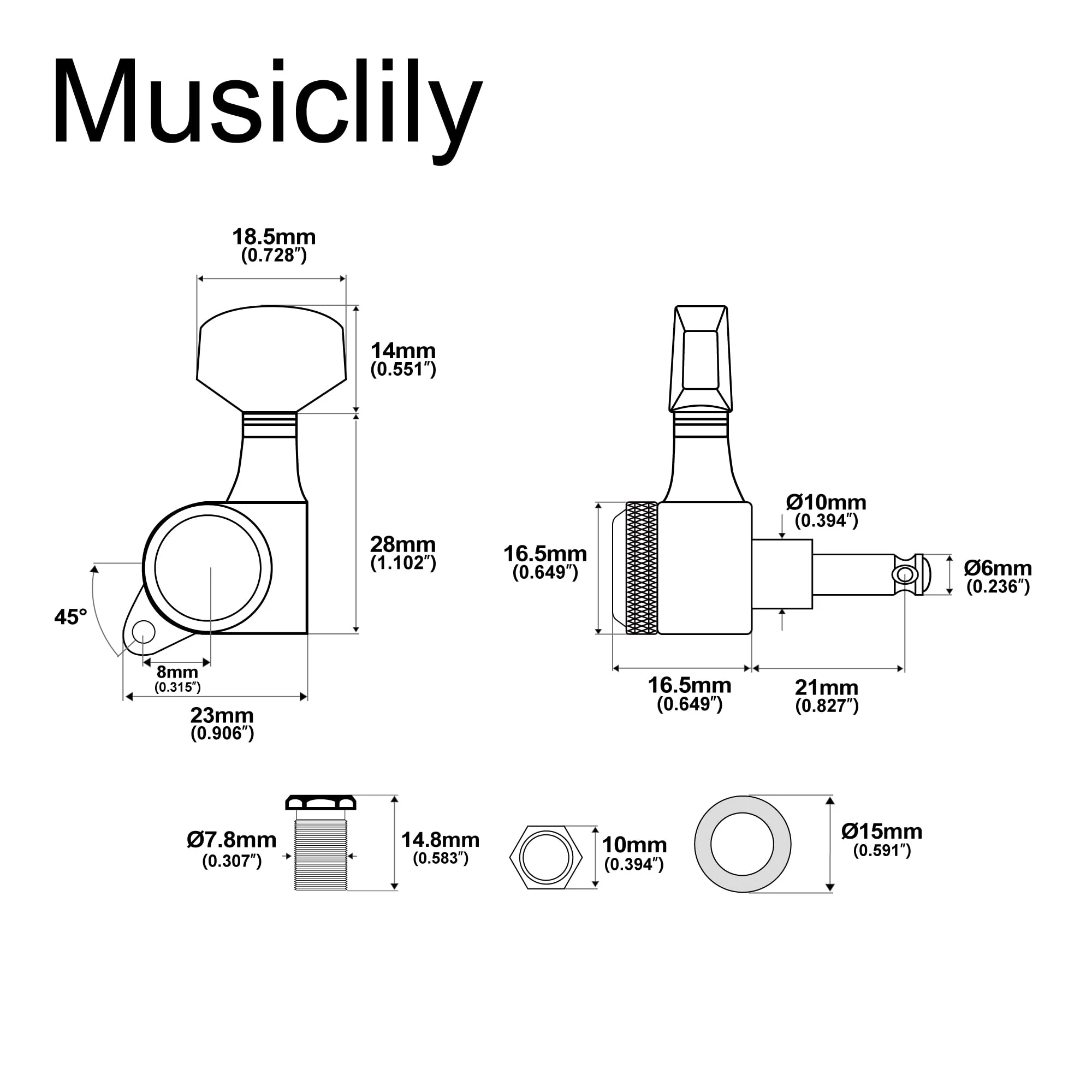 Musiclily Pro Left-Handed 6-in-line 18:1 Ratio Full Sealed Locking Machine Heads Tuners Tuning Pegs Keys with Hex Button 45 Degree Screw for Strat Tele Style Electric Guitar, Chrome 6L Chrome - Image 2