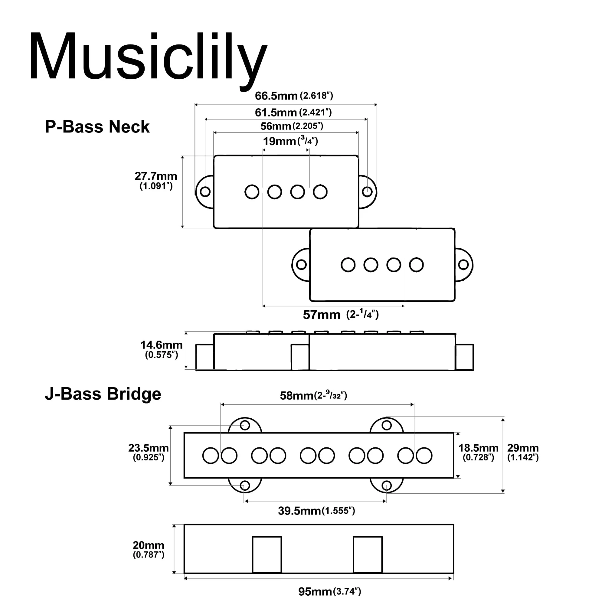 Musiclily Pro PJB-6070S Alnico 5 Single Coil Neck Bridge Pickups Set 10.5K/7.9K for PJ Bass, Black - Image 2