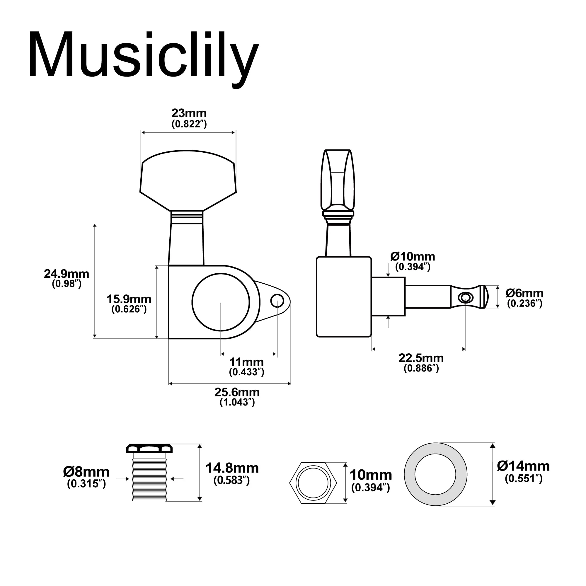 Musiclily Pro R15J 3R3L 15:1 Ratio Full Sealed Machine Heads Tuners Tuning Pegs Keys with Big Hex Button Right Angle Screw for Acoustic Electric Guitar, Chrome 3R3L Chrome - Image 2