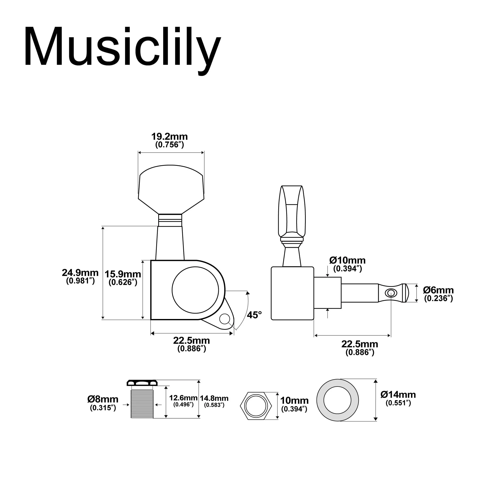 Musiclily Pro R15J 6 in Line Guitar Sealed Tuners Tuning Keys Pegs Machine Heads Set for Fender Strat Tele Style Guitar, Chrome 6R Chrome - Image 2