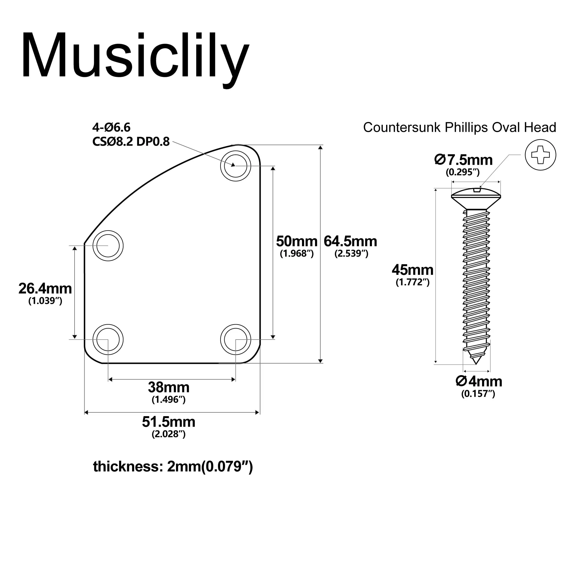 Musiclily Pro Steel Curved Guitar Neck Plate with Screws for Strat Tele Style Electric Guitar or Bass, Gold - Image 2