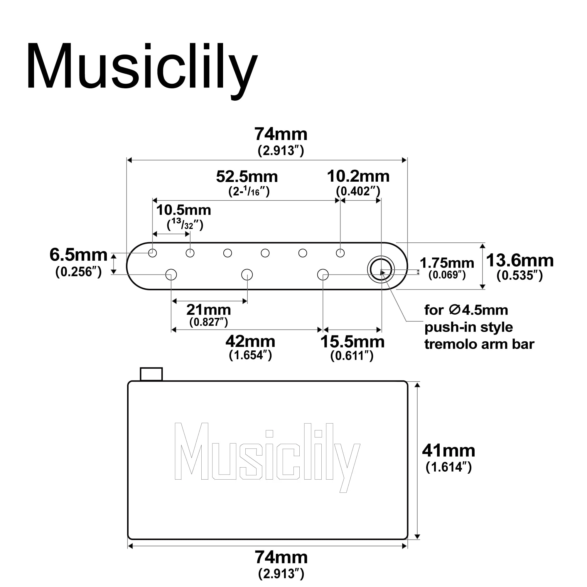 Musiclily Ultra 41mm Full Brass Tremolo Block 52.5mm String Spacing for PRS SE Style Electric Guitar Tremolo Bridge - Image 2
