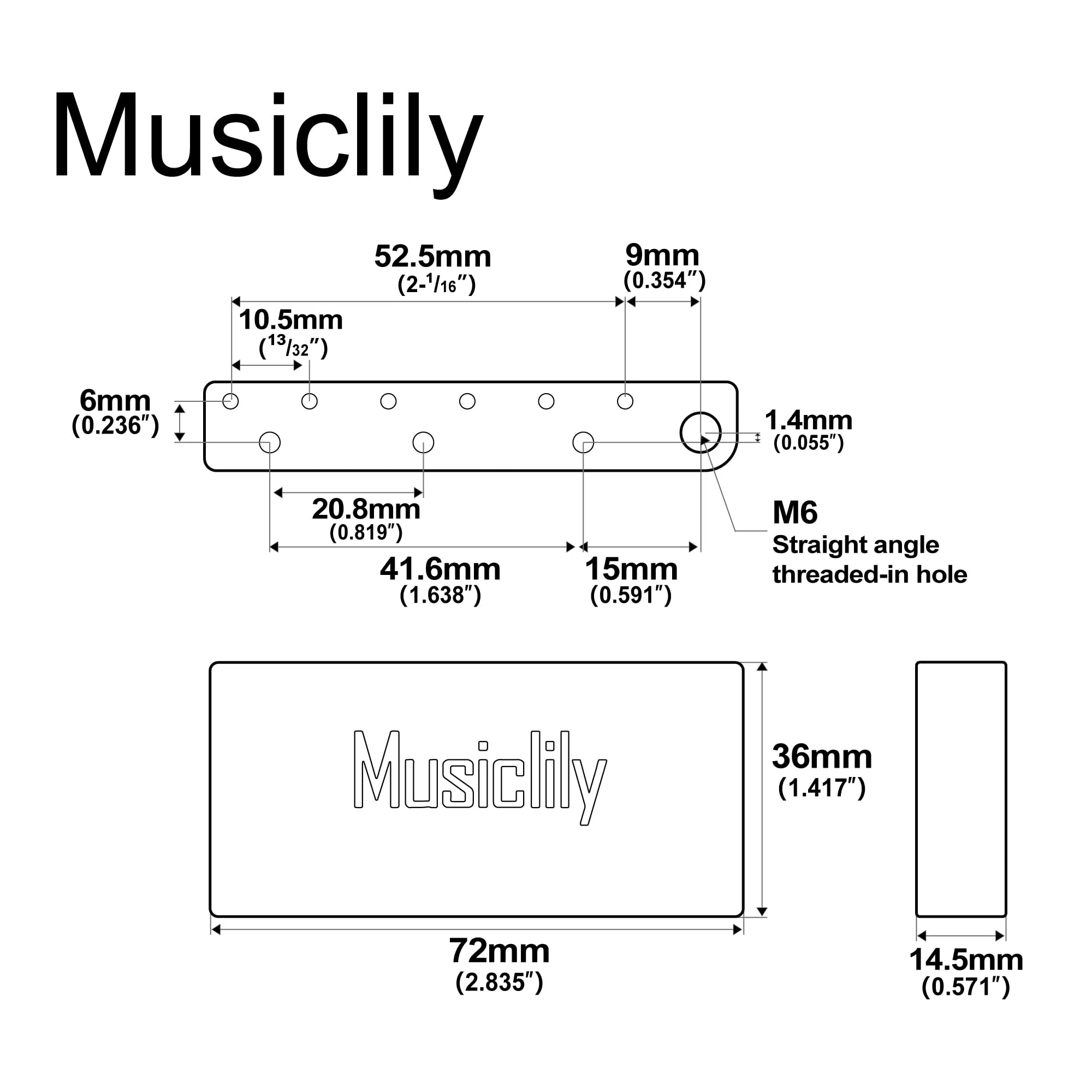 Musiclily Ultra 52.5mm (2-1/16 inch) Full Solid Brass 36mm Short Tremolo Block for China made Squier New after 2021 Affinity 2-point Electric Guitar Bridge Solid Brass 36mm V2 - Image 2