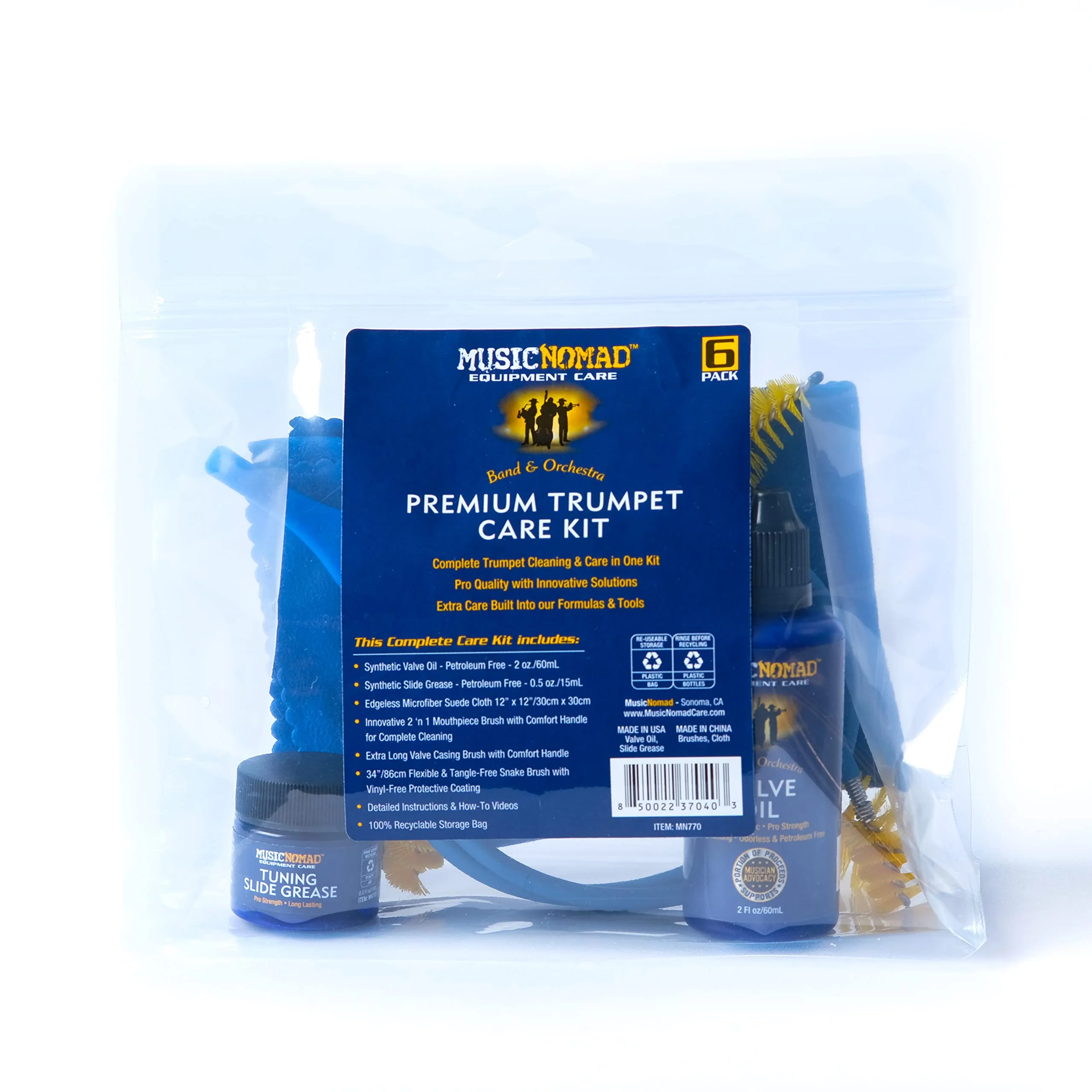 MusicNomad 6 pc. Premium Trumpet (Cornet) Cleaning & Care Kit with Extra Care Built into our Product Designs, Formulas, Instructions, Give Back & Storage Bag for Complete Care (MN770) - Image 2