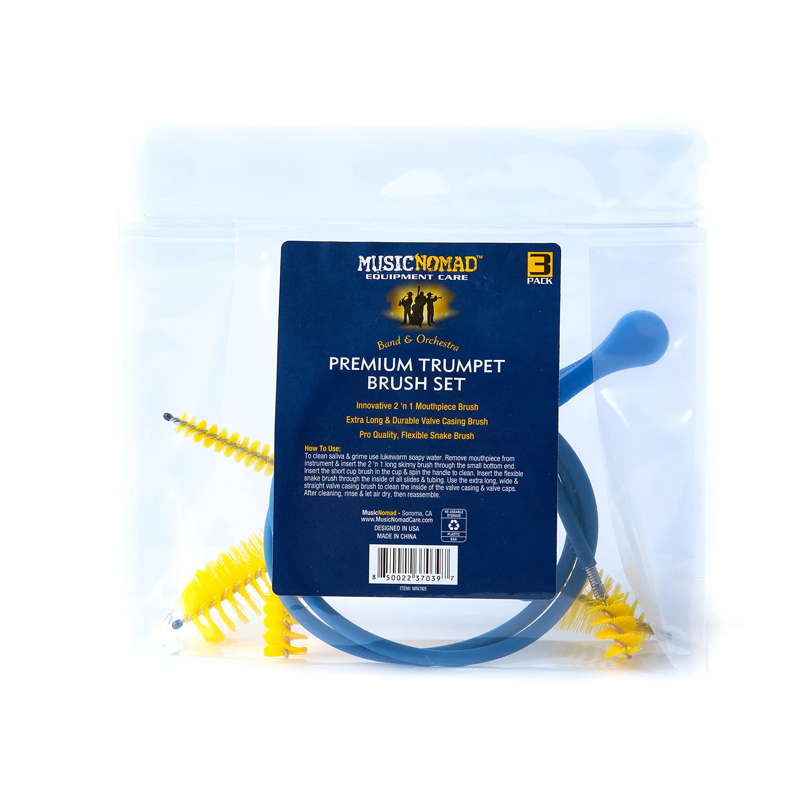 MusicNomad Premium 3 pc. Trumpet Brush Cleaning Kit: Mouthpiece, Valve & Snake Brush with Storage Bag (MN765) - Image 6