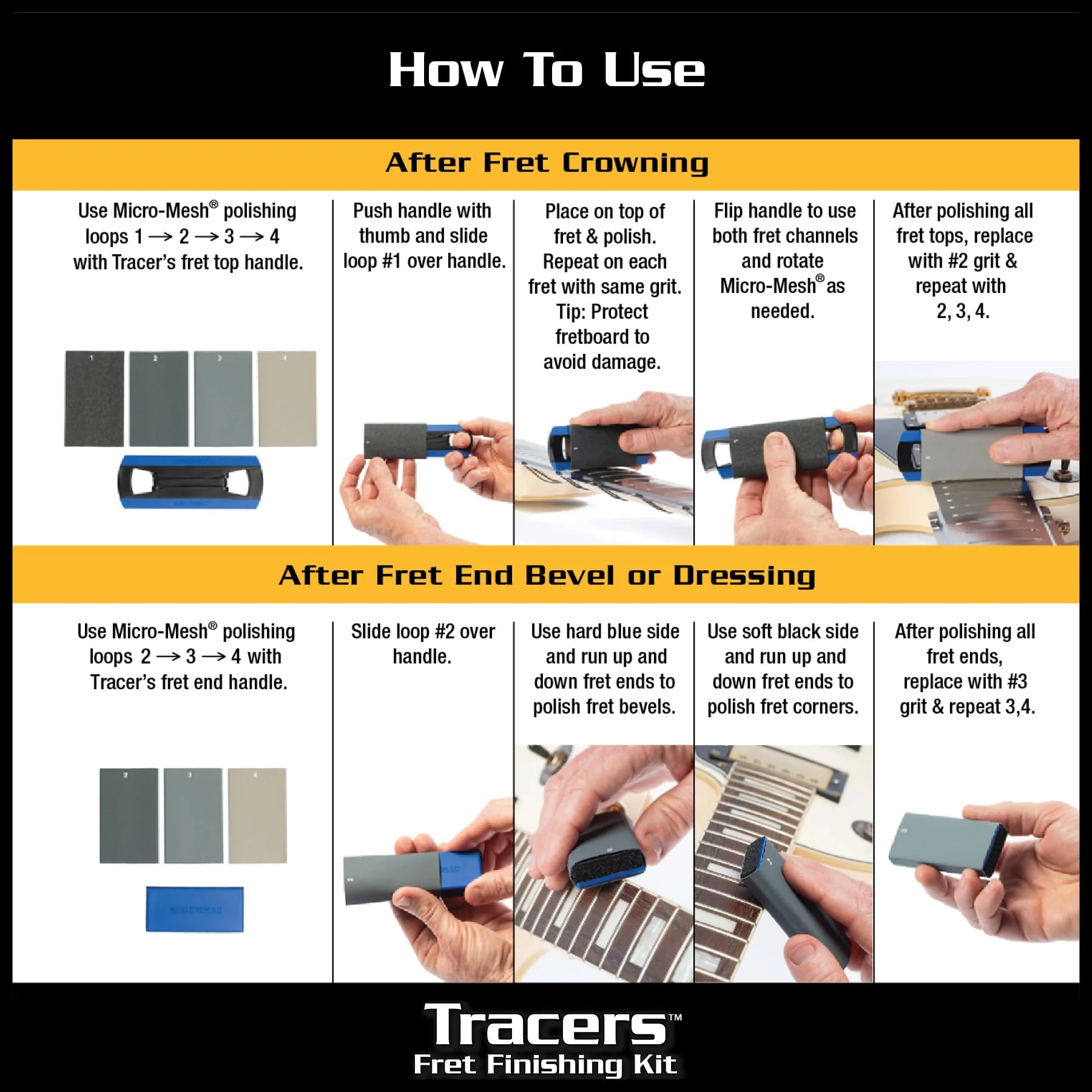 MusicNomad Tracers Fret Erasers 6 pc. Finishing Kit for Sanding, Buffing and Polishing after Fret Crowning, Dressing or Beveling (MN860) - Image 2