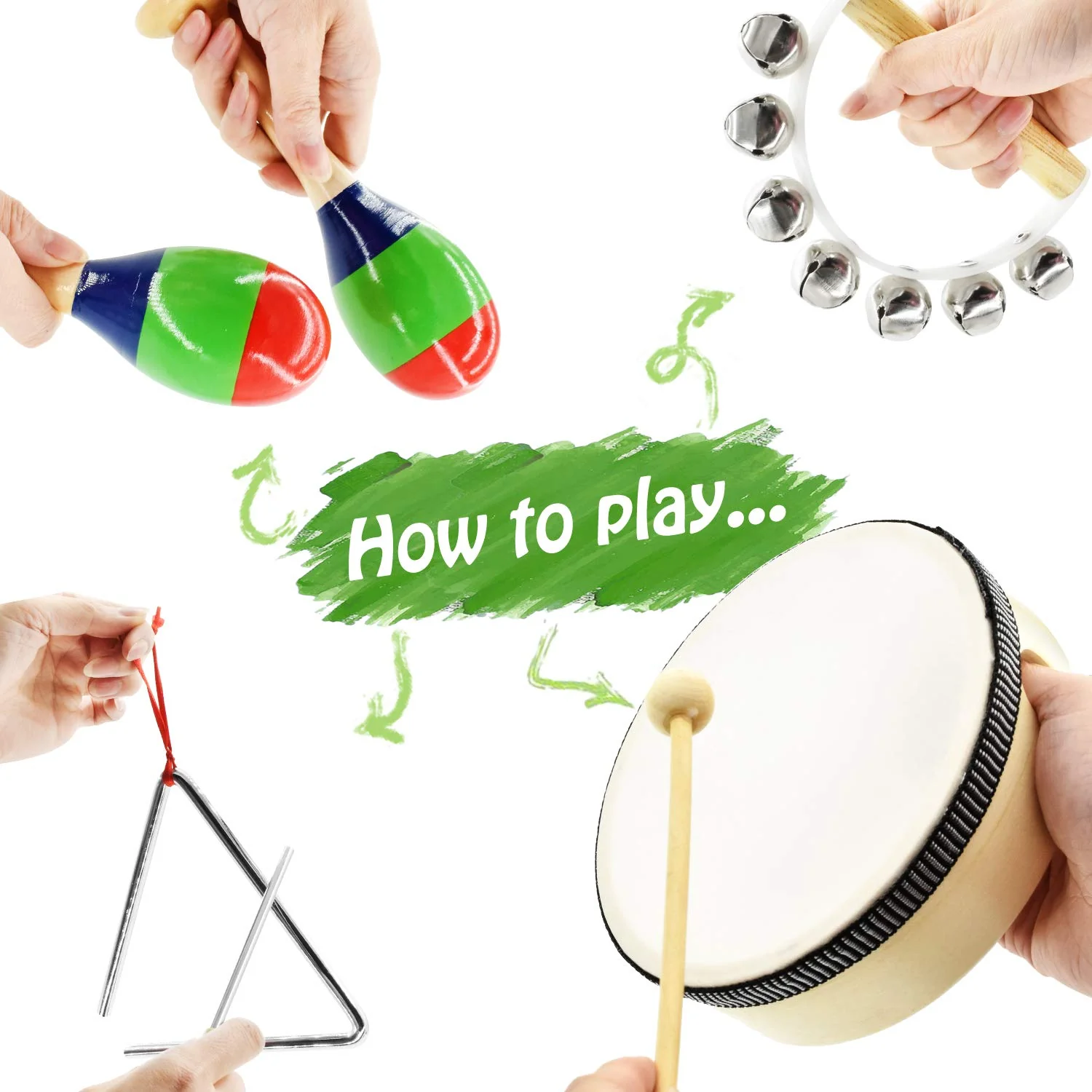 MUSICUBE 7 Pcs Musical Instrument Toys Set for Kids Wooden Percussion Instrument with Hand Drum, Maracas, Triangles, Hand Bell Educational Instrument for Toddler Birthday Gift for Boys Girls Aged 3+ - Image 4